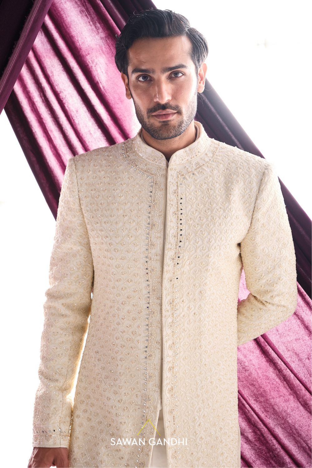 Ivory beige Chikankari sherwani