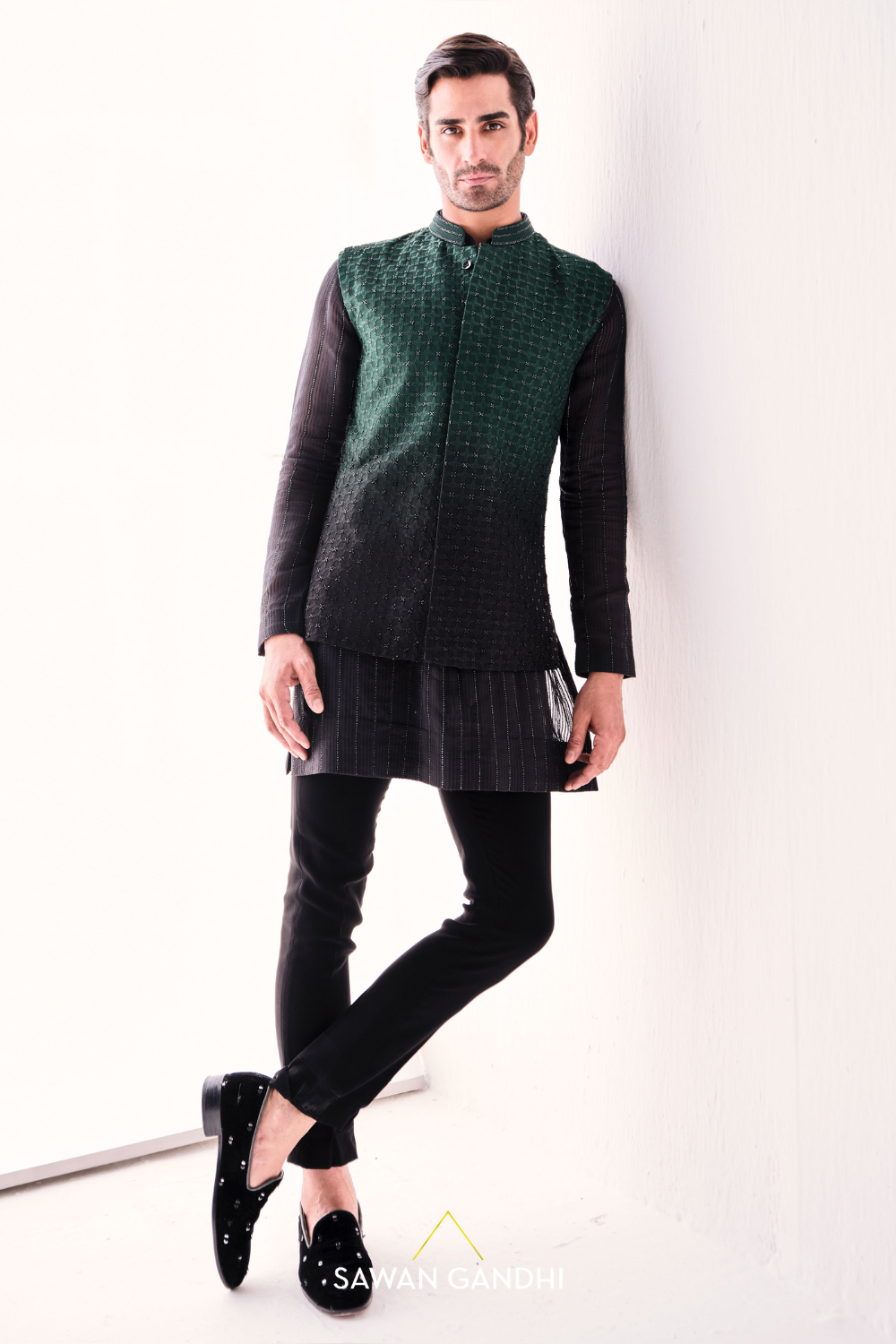 Teal to black ombre nehru