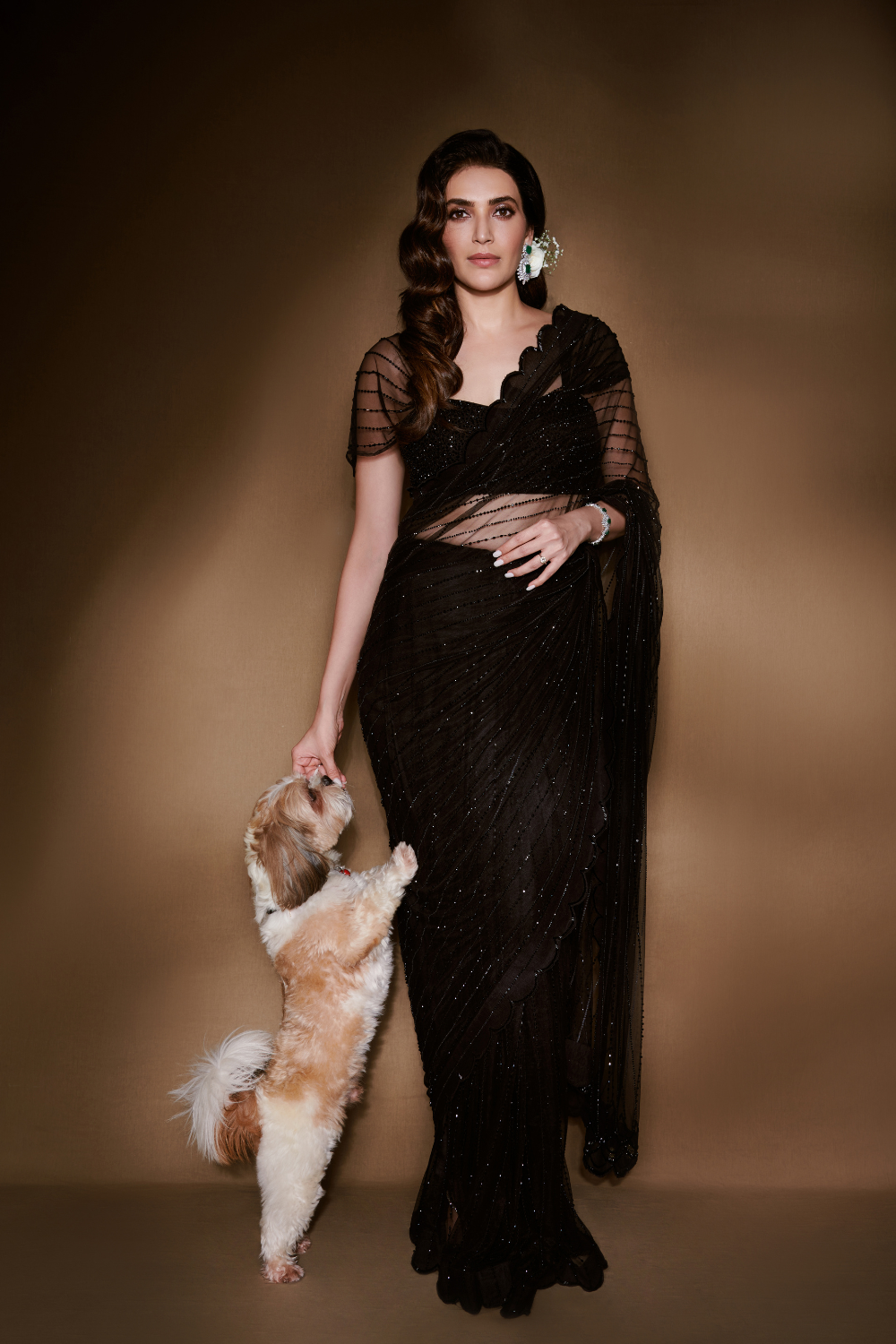 KARISHMA TANNA IN BLACK CRYSTAL SAREE AND BLOUSE