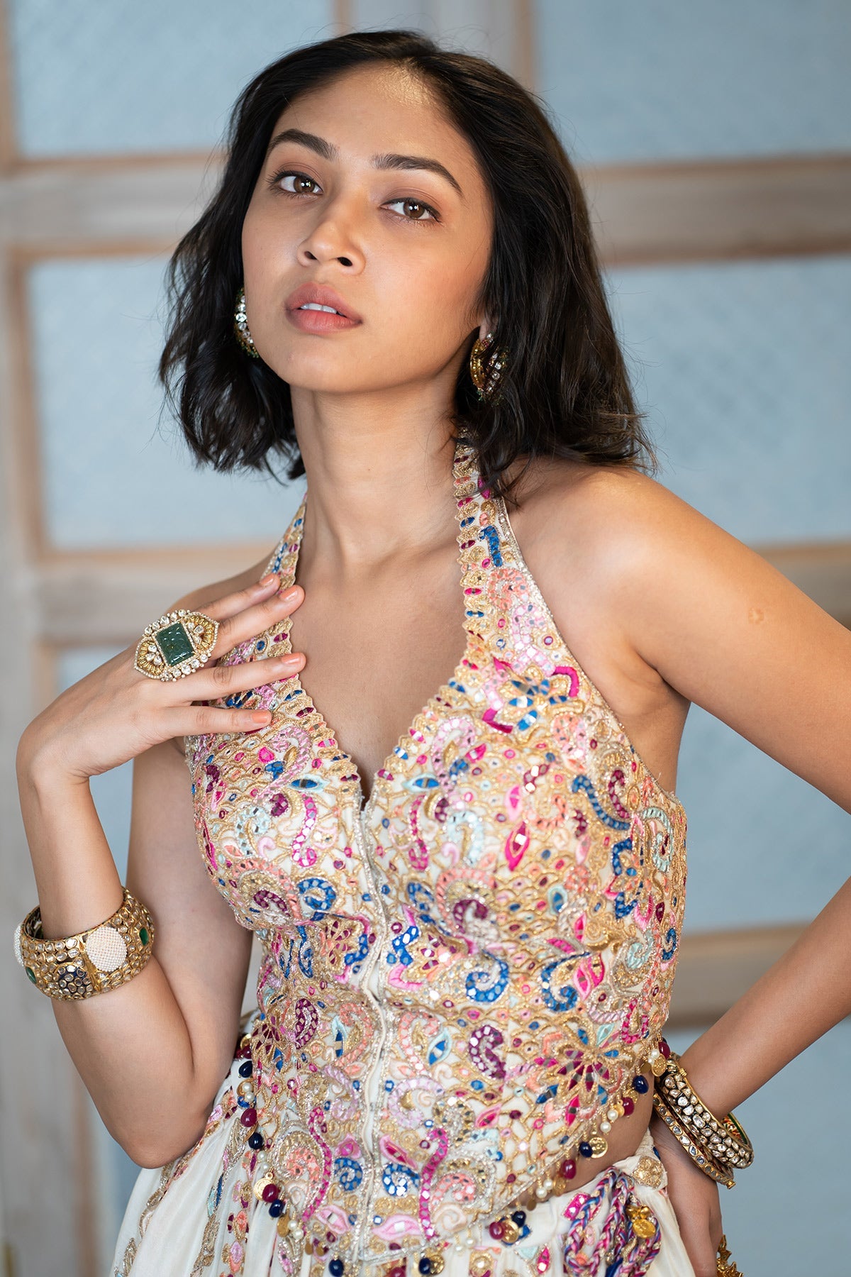 Ivory Chanderi Skirt With a Corset Style Halter Embroidered Blouse