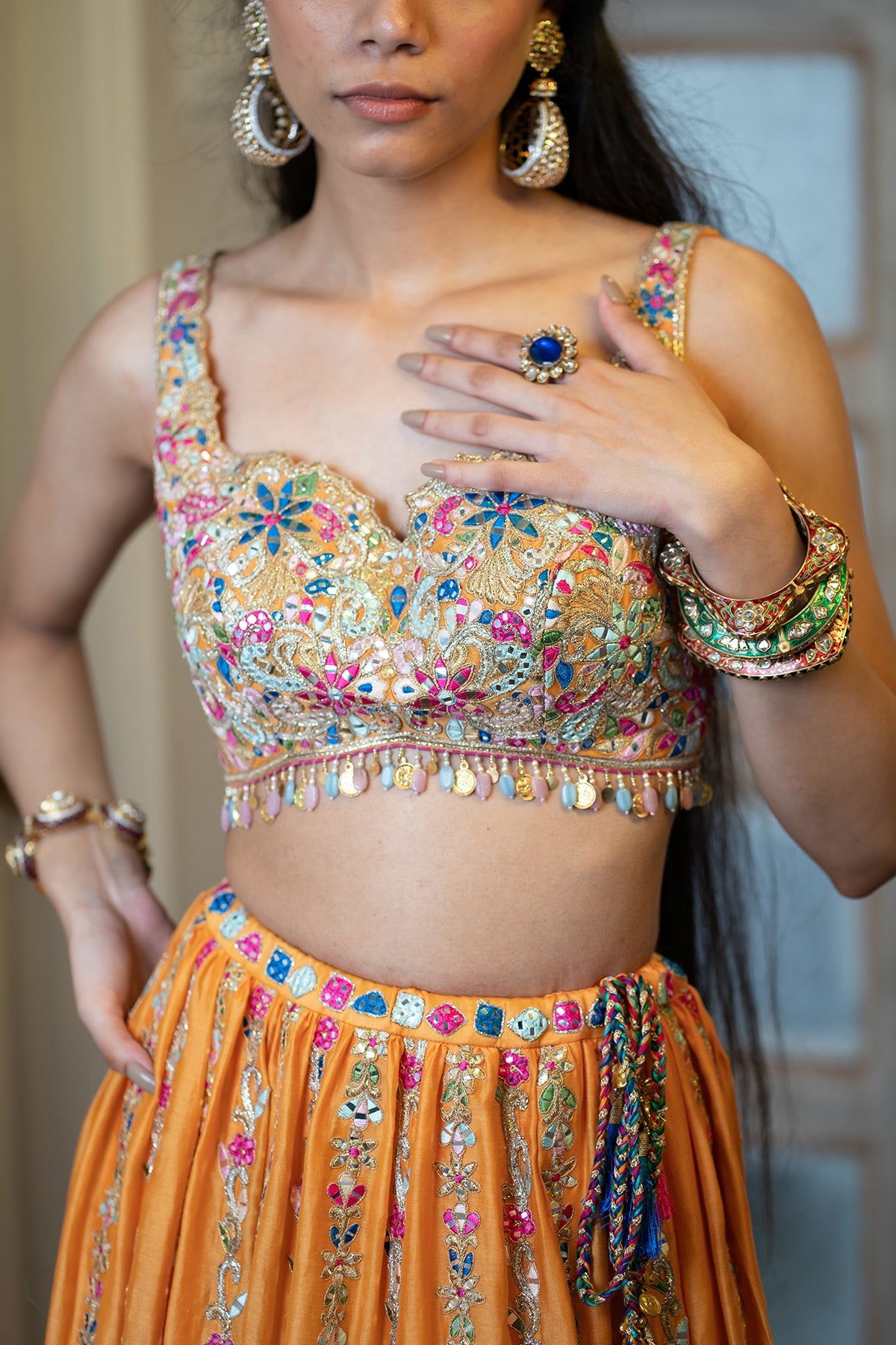 Tangerine Chanderi Skirt Withan Embroidered Blouse