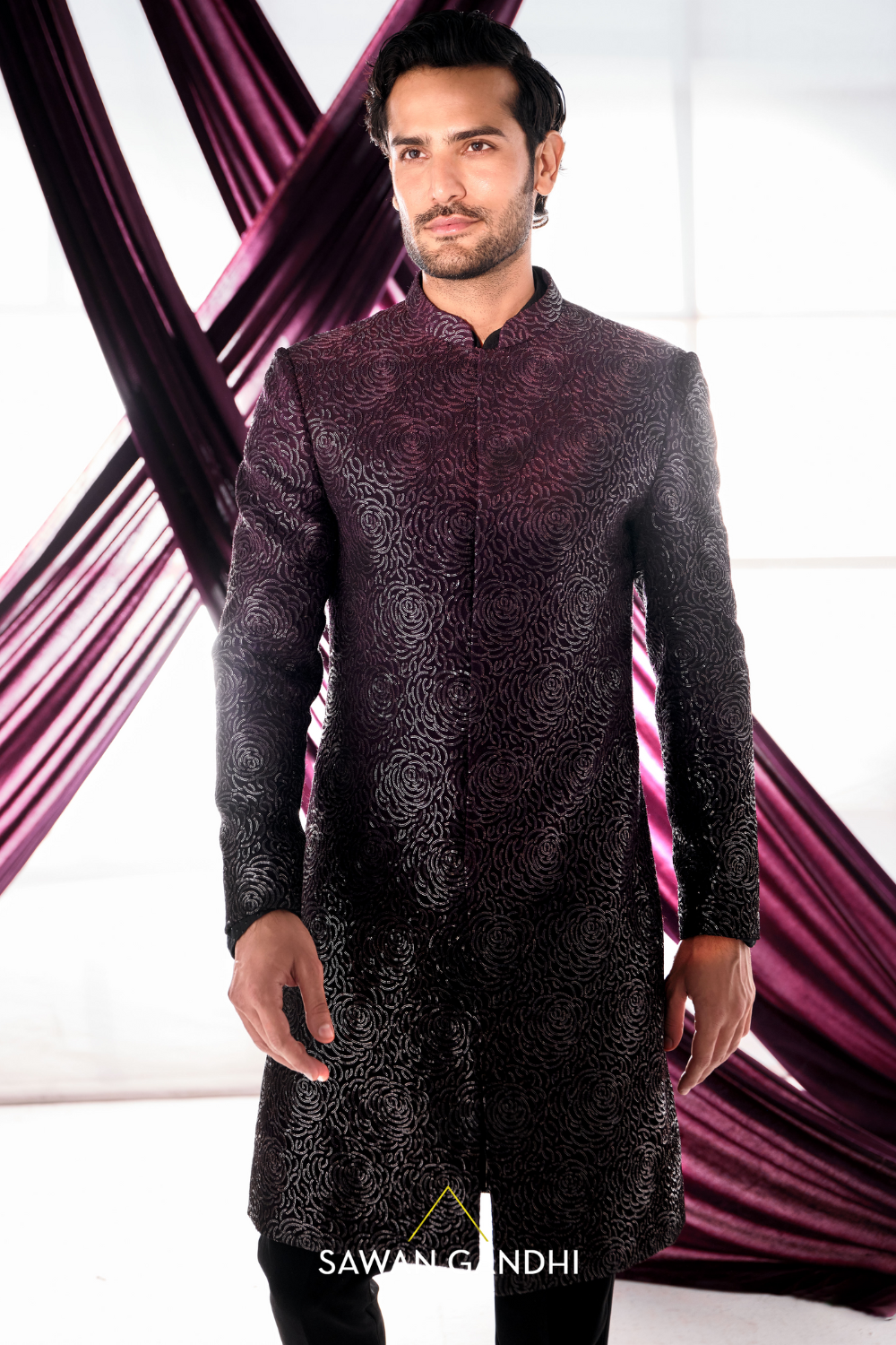 Wine black ombre sherwani