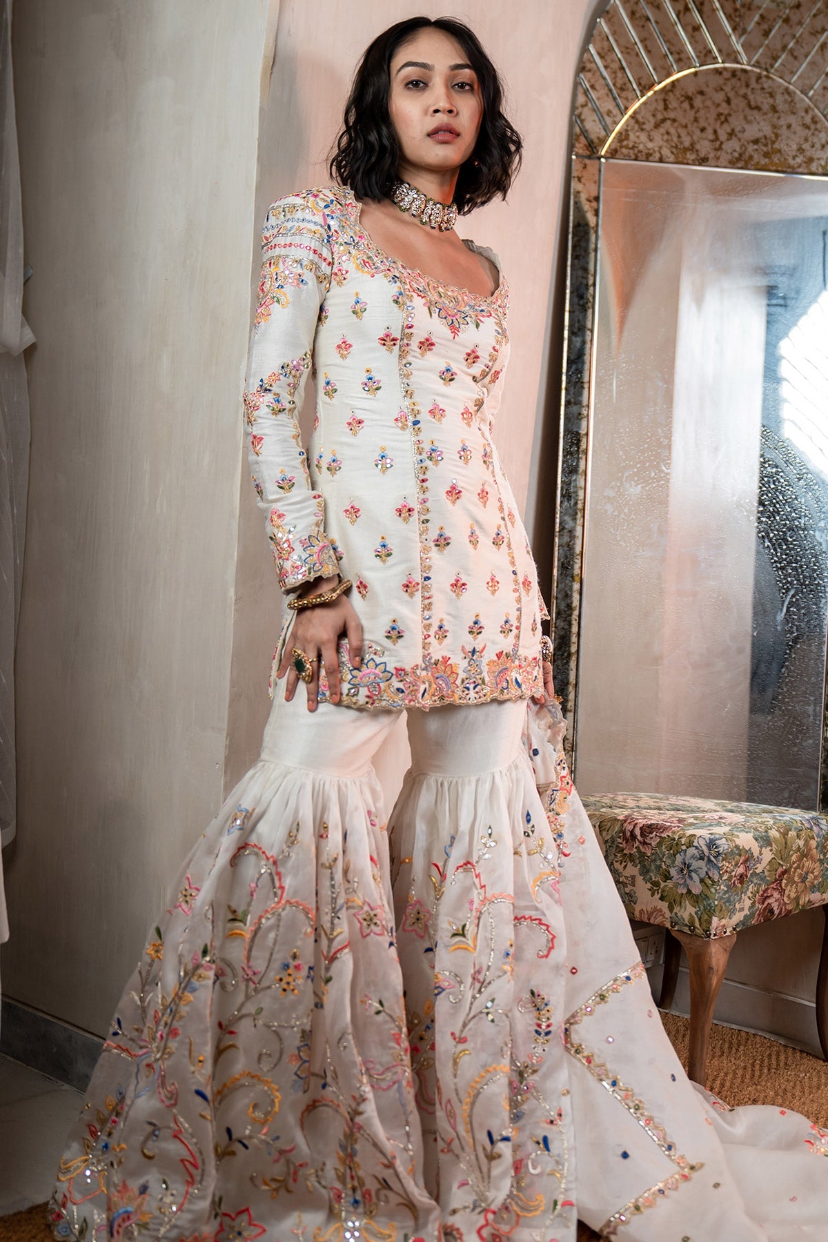 Ivory Rawsilk and Organza Gharara Set