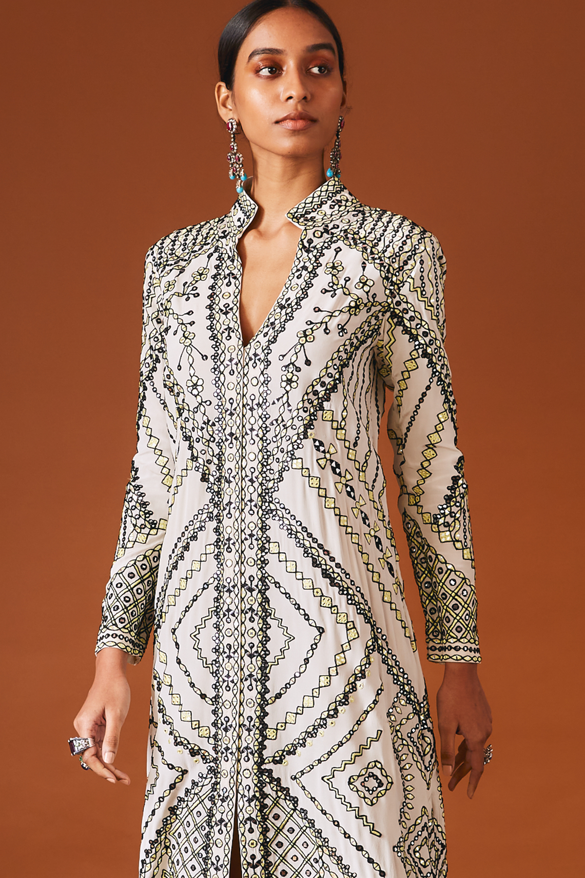 Ivory Crepe Long Kaftan With Mirror And Resham