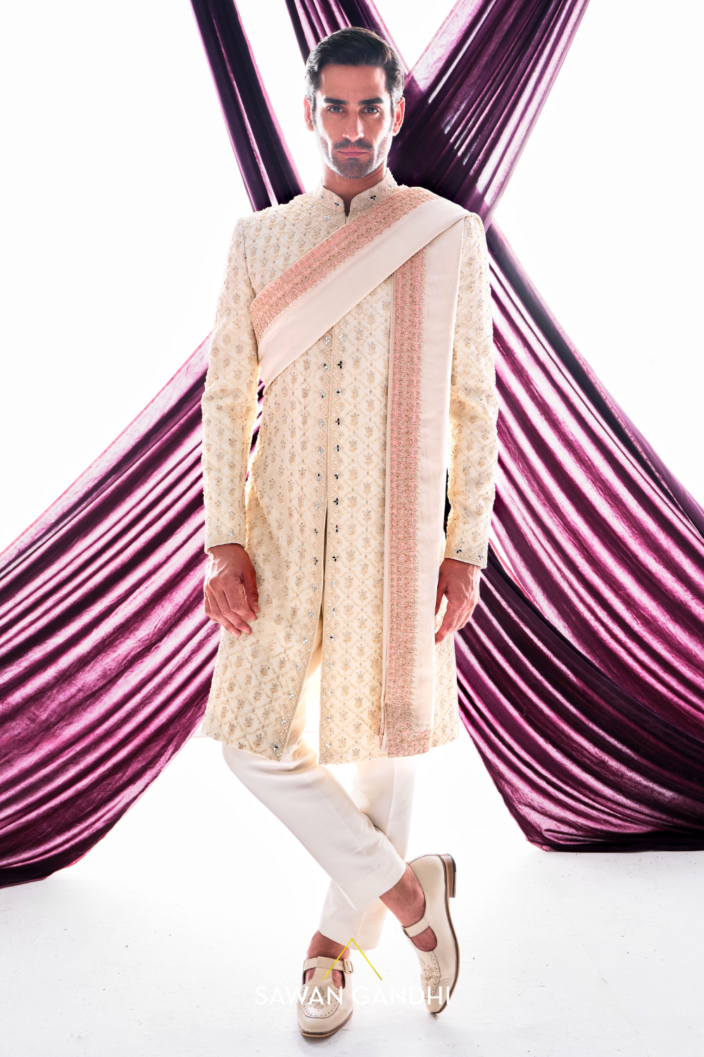 Ivory beige Chikankari sherwani