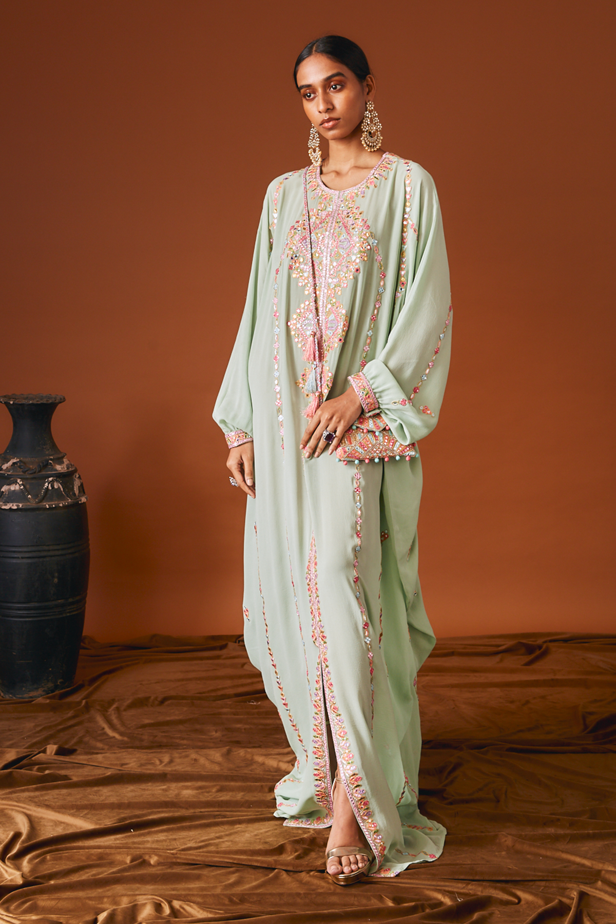 Sea Green Georgette Kaftan With Mirror And Resham