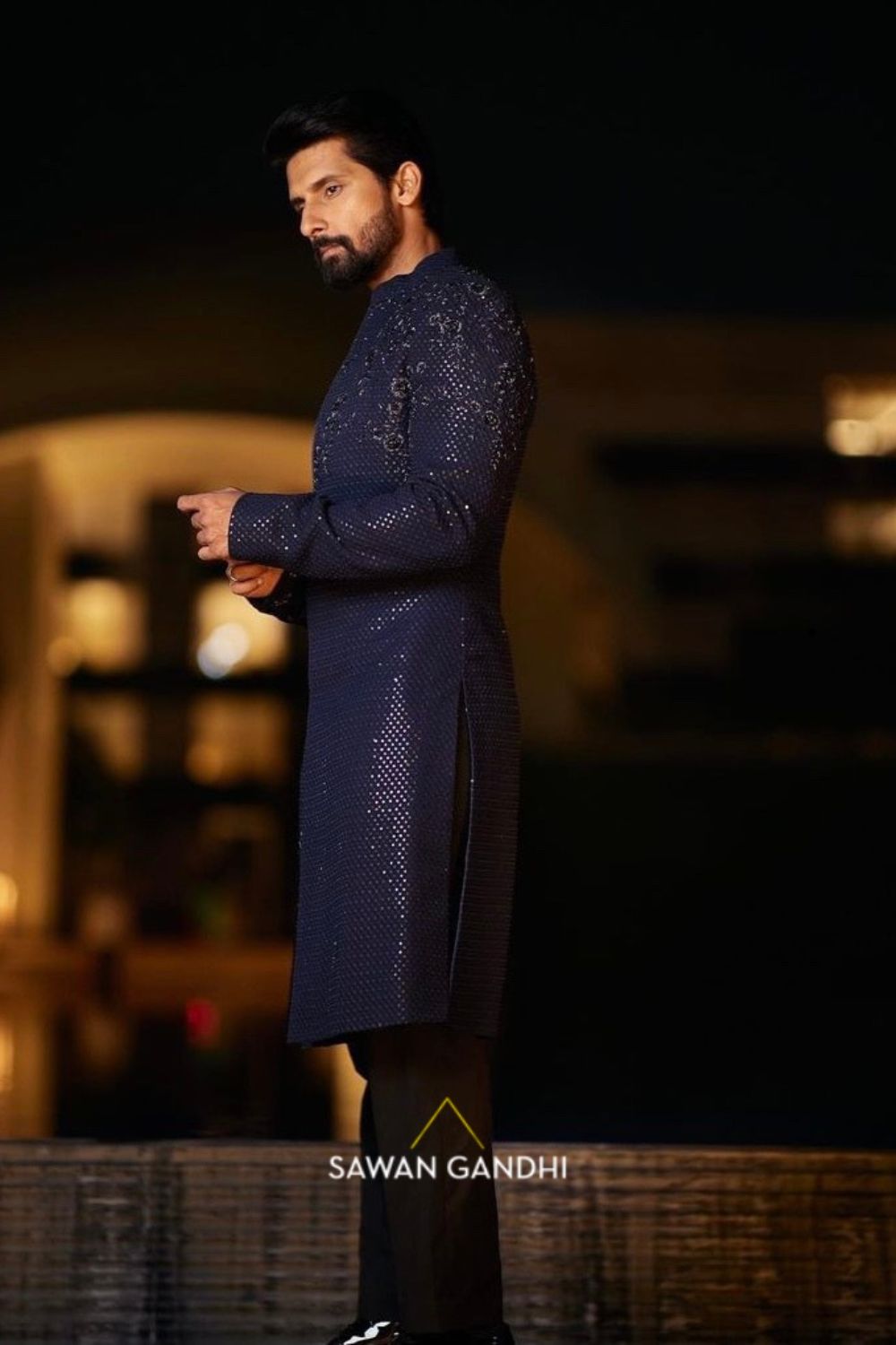 Ravi Dubey in Blue sequins sherwani with cutdana detailing