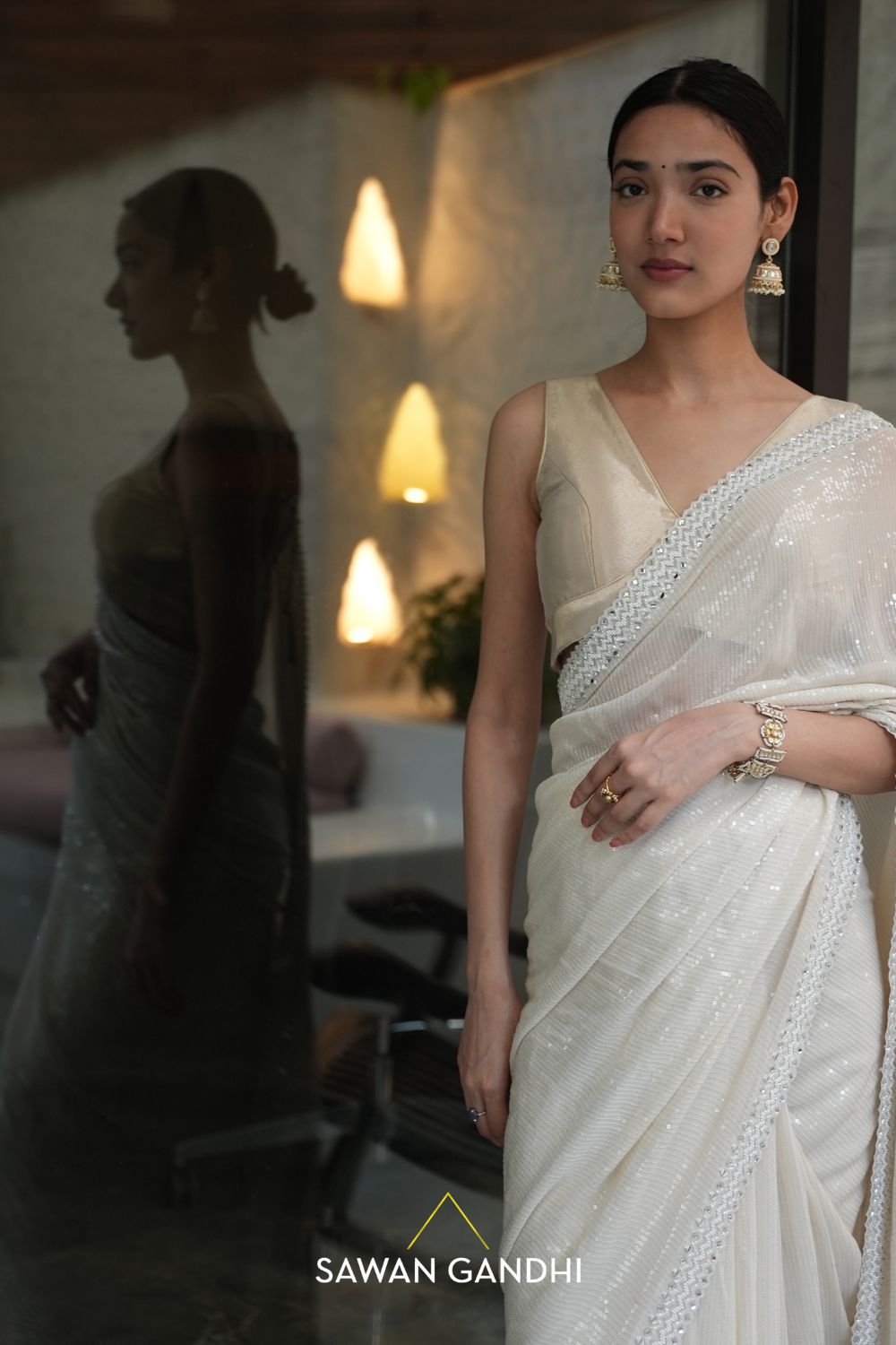 Medha Shankr in Ivory paani sequins chikankari saree