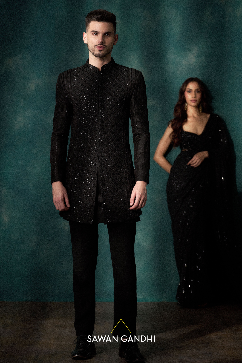 Black chikenkari sherwani