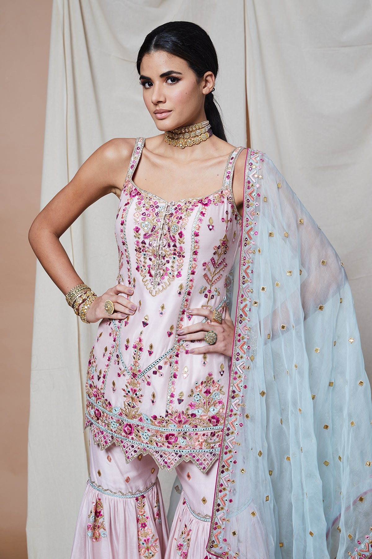 PINK STRAPPY CHANDERI GHARARA