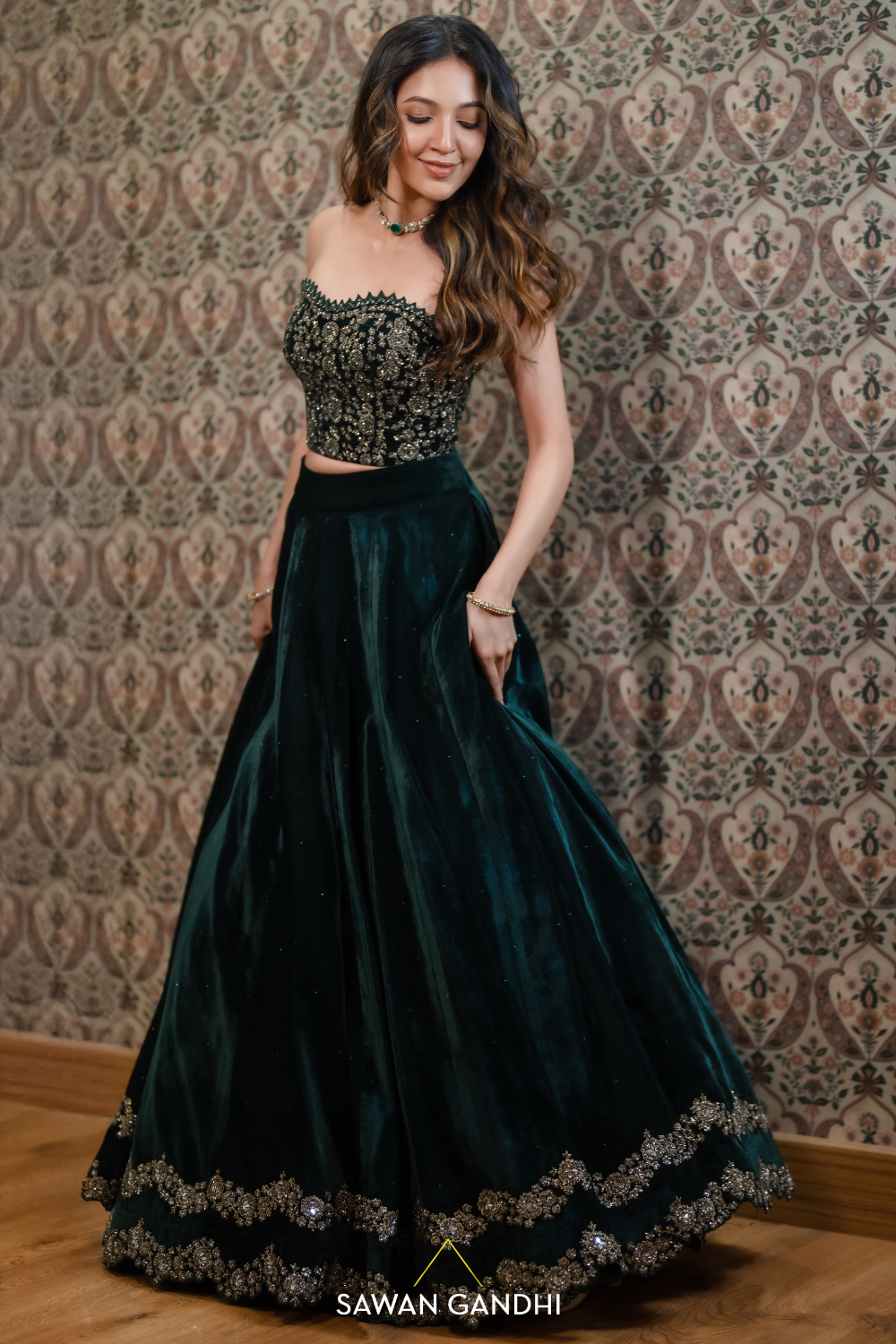 Neha Shetty in green velvet corset lehenga