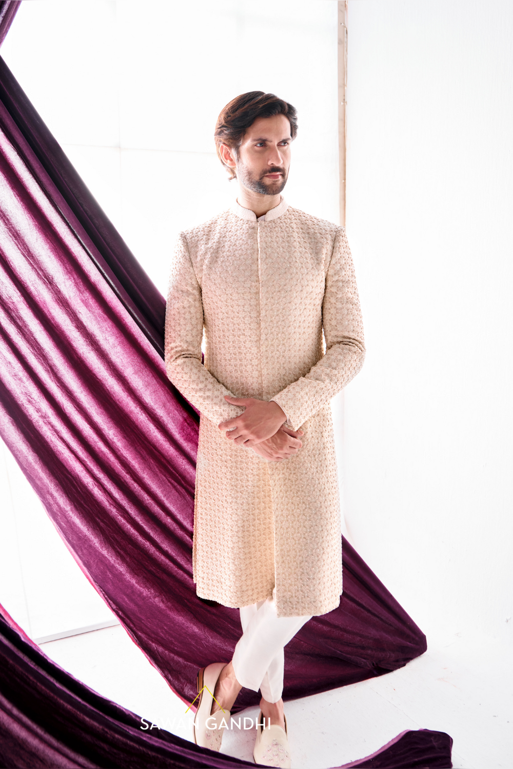 Ivory French knot sherwani