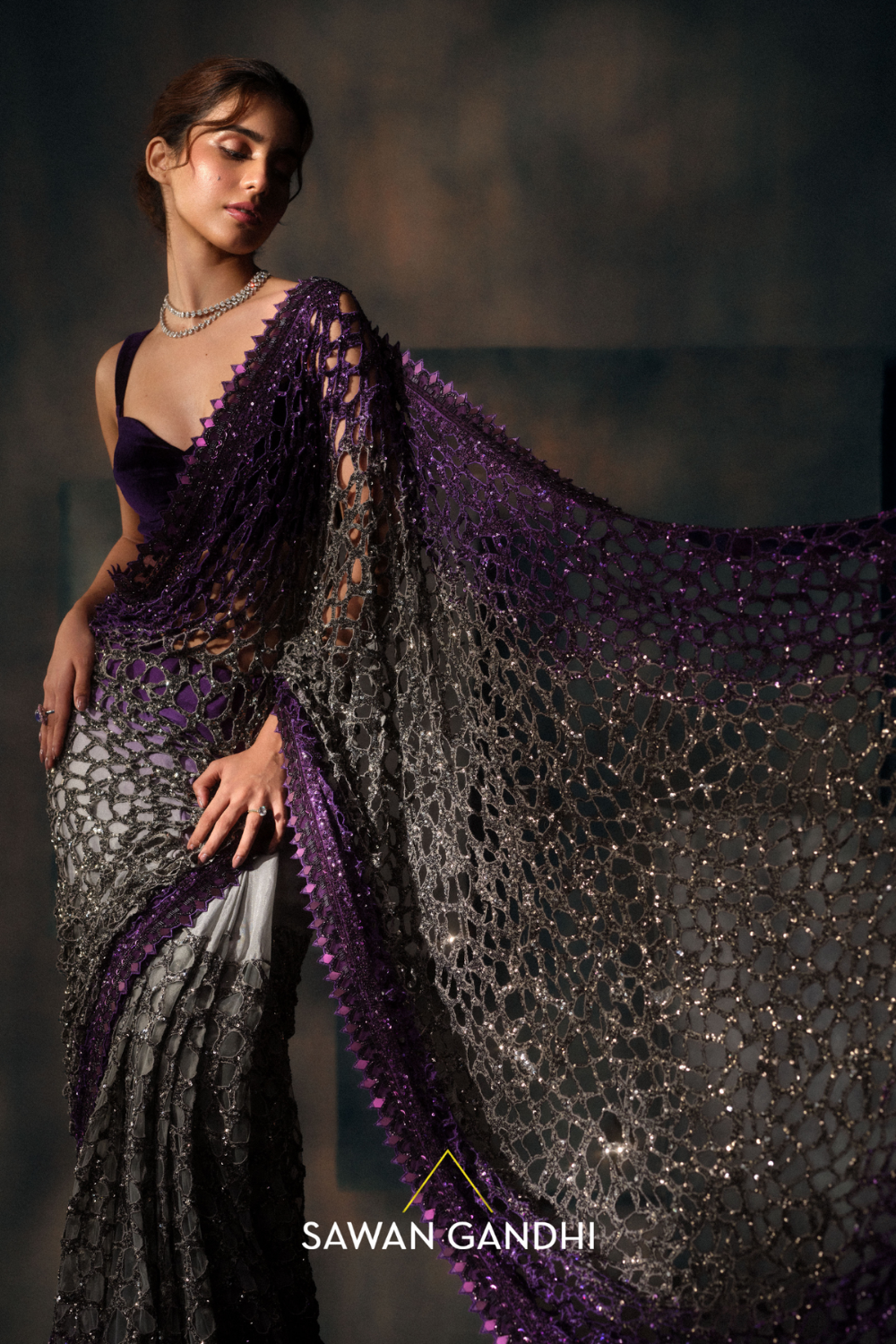 Purple to grey cutwork saree