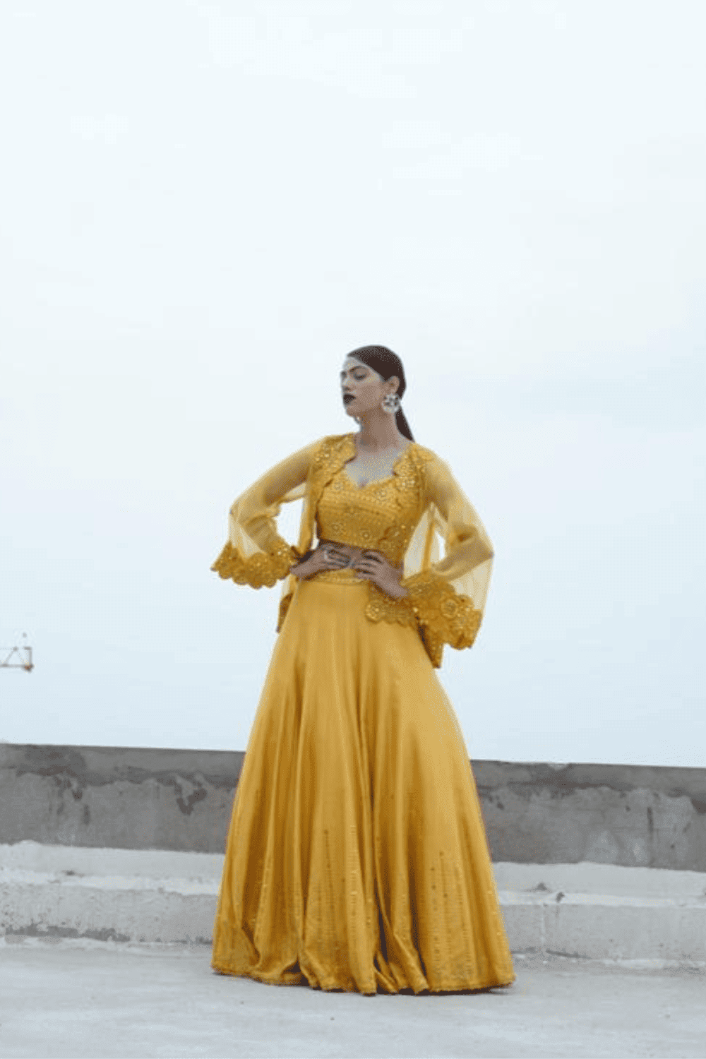 Mustard Heavy Mirror Work Skirt With Cape Set