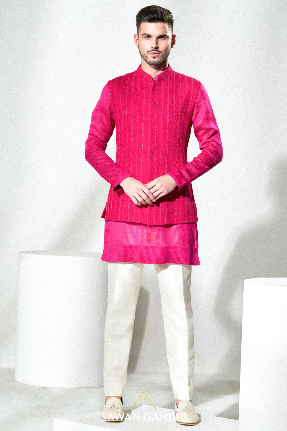 Hot pink cutdana lines Nehru kurta