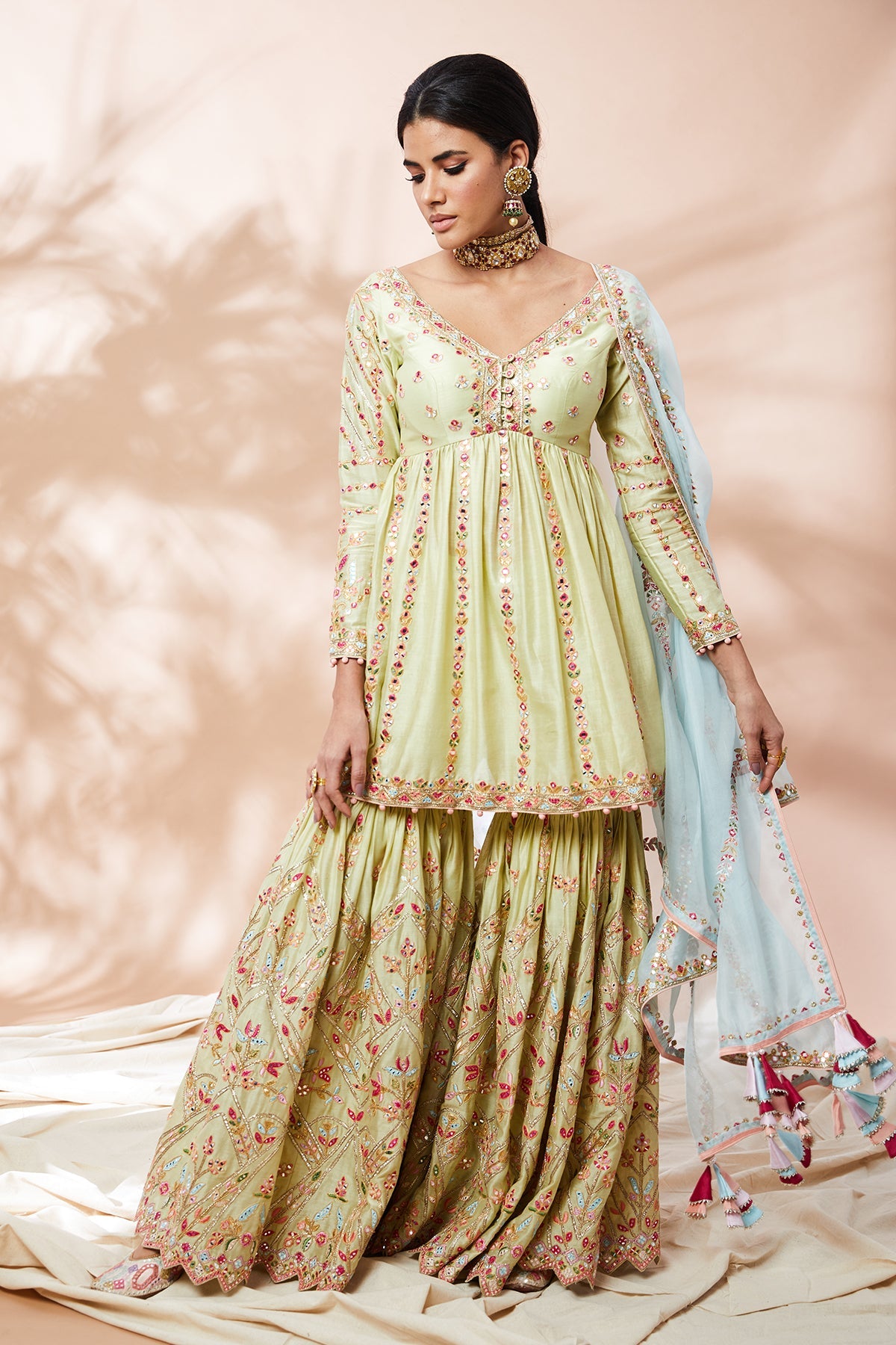 GREEN PEPLUM GHARARA SET