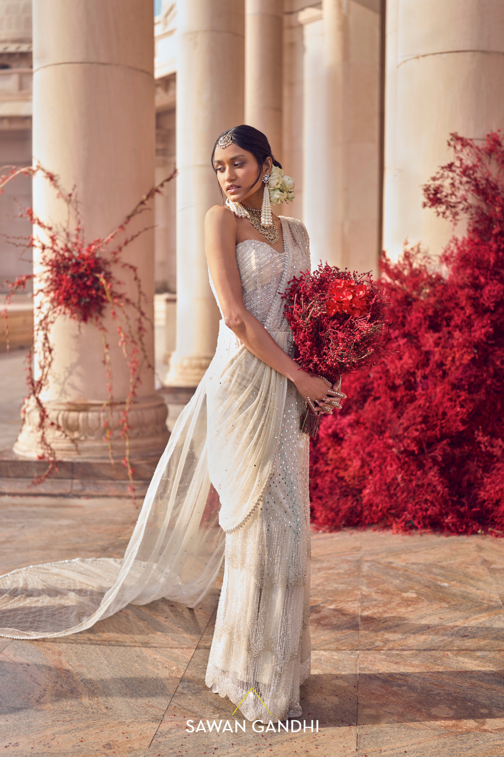 IVORY DRAPED SAREE WITH EMBELLISHED CORSET