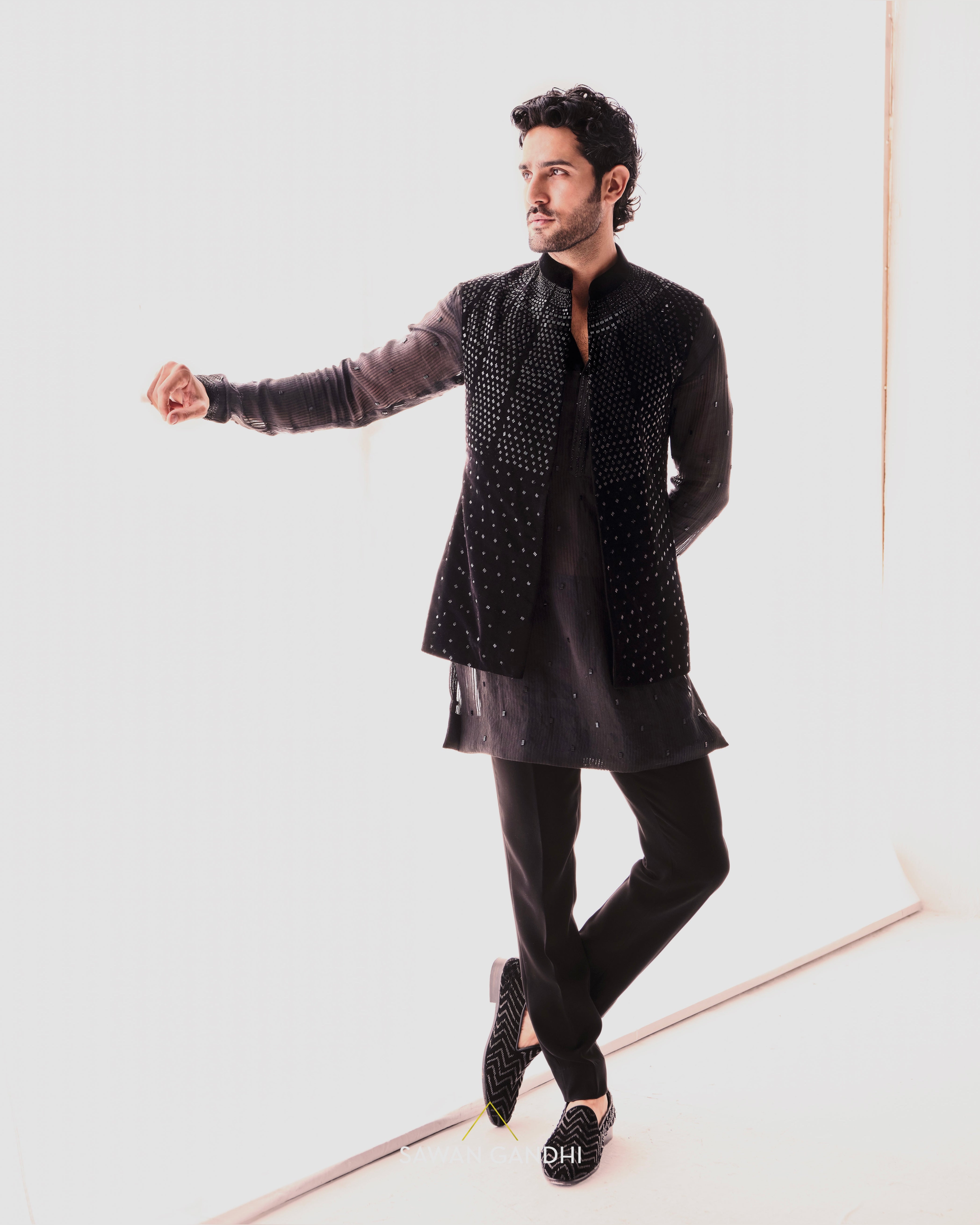 Black velvet cutdana Nehru