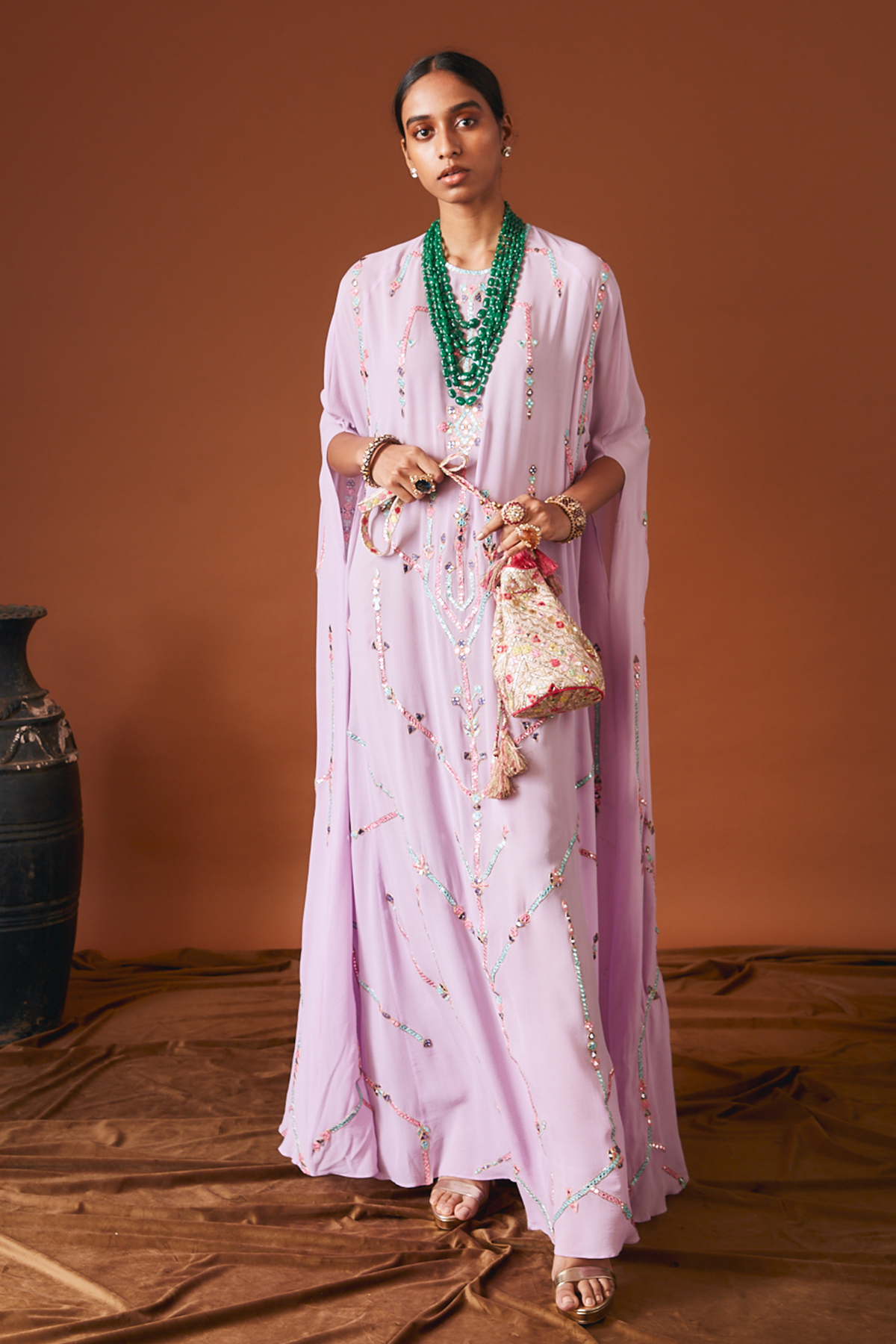Lavender Georgette Aztek Embroidered Kaftan
