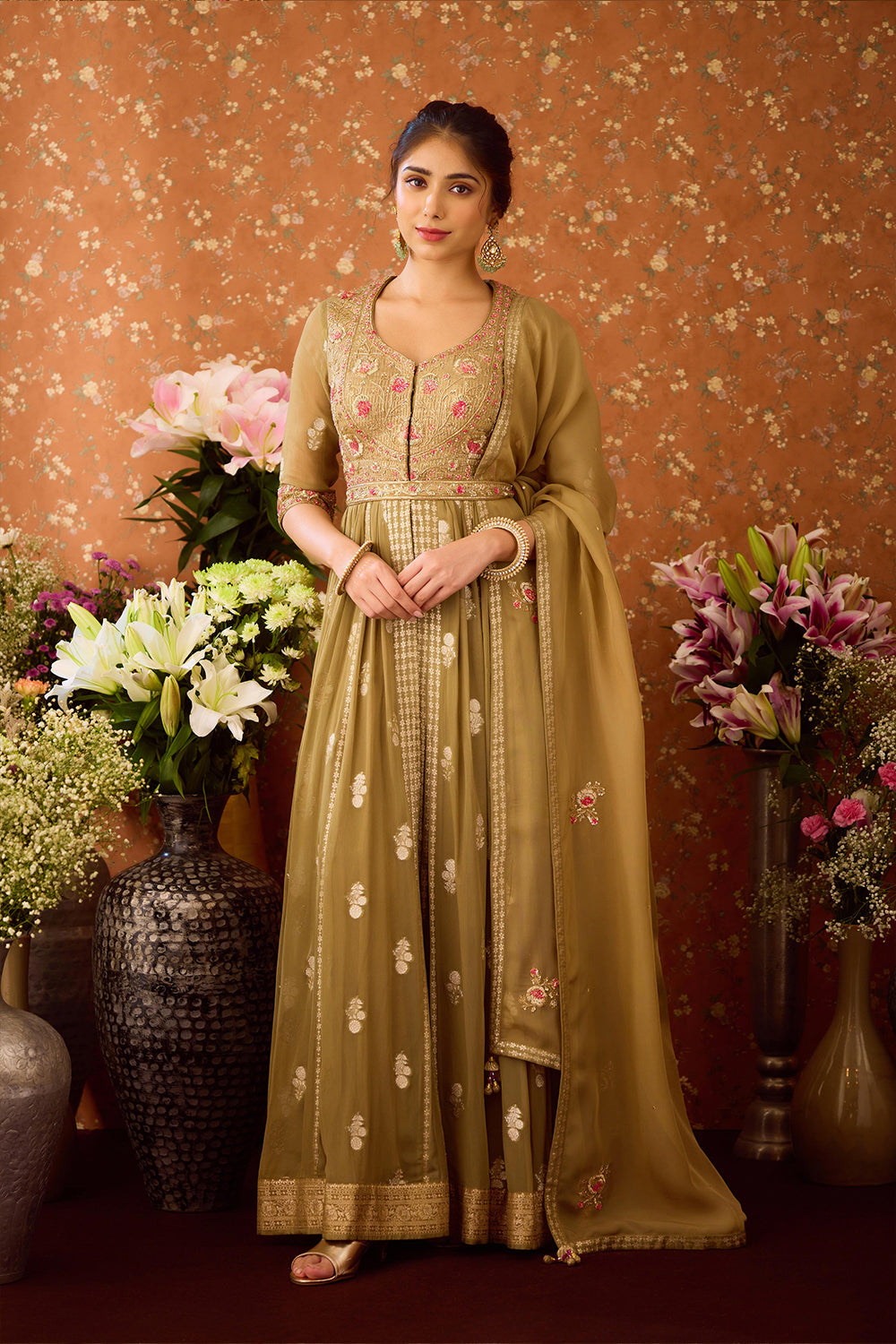 Grey Green Anarkali Set