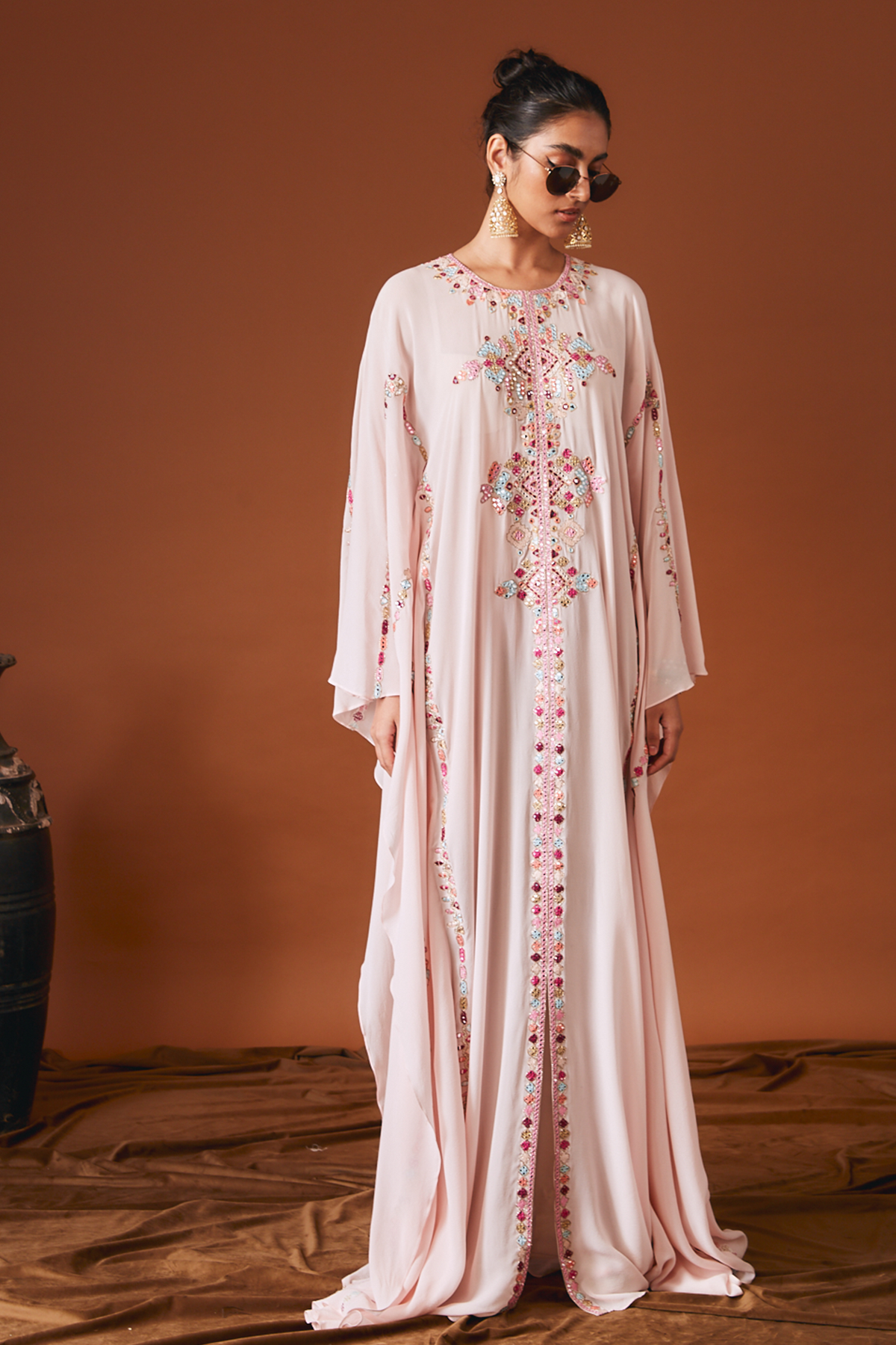 Light Pink Georgette Kaftan With Mirror And Resham