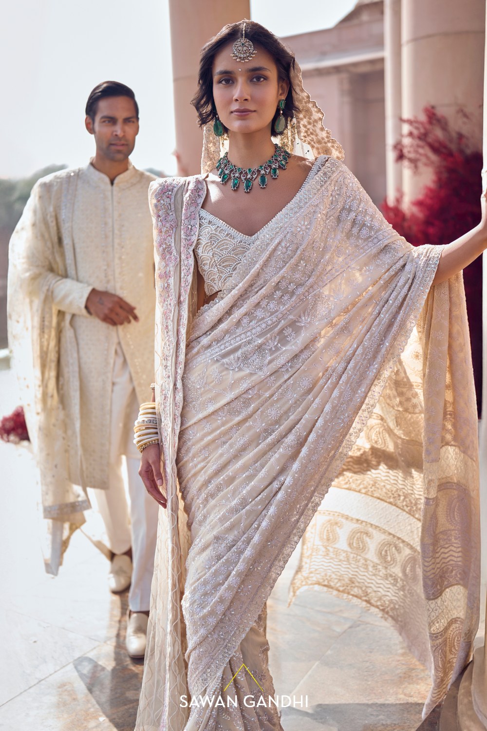 IVORY PINK CHIKANKARI  SAREE