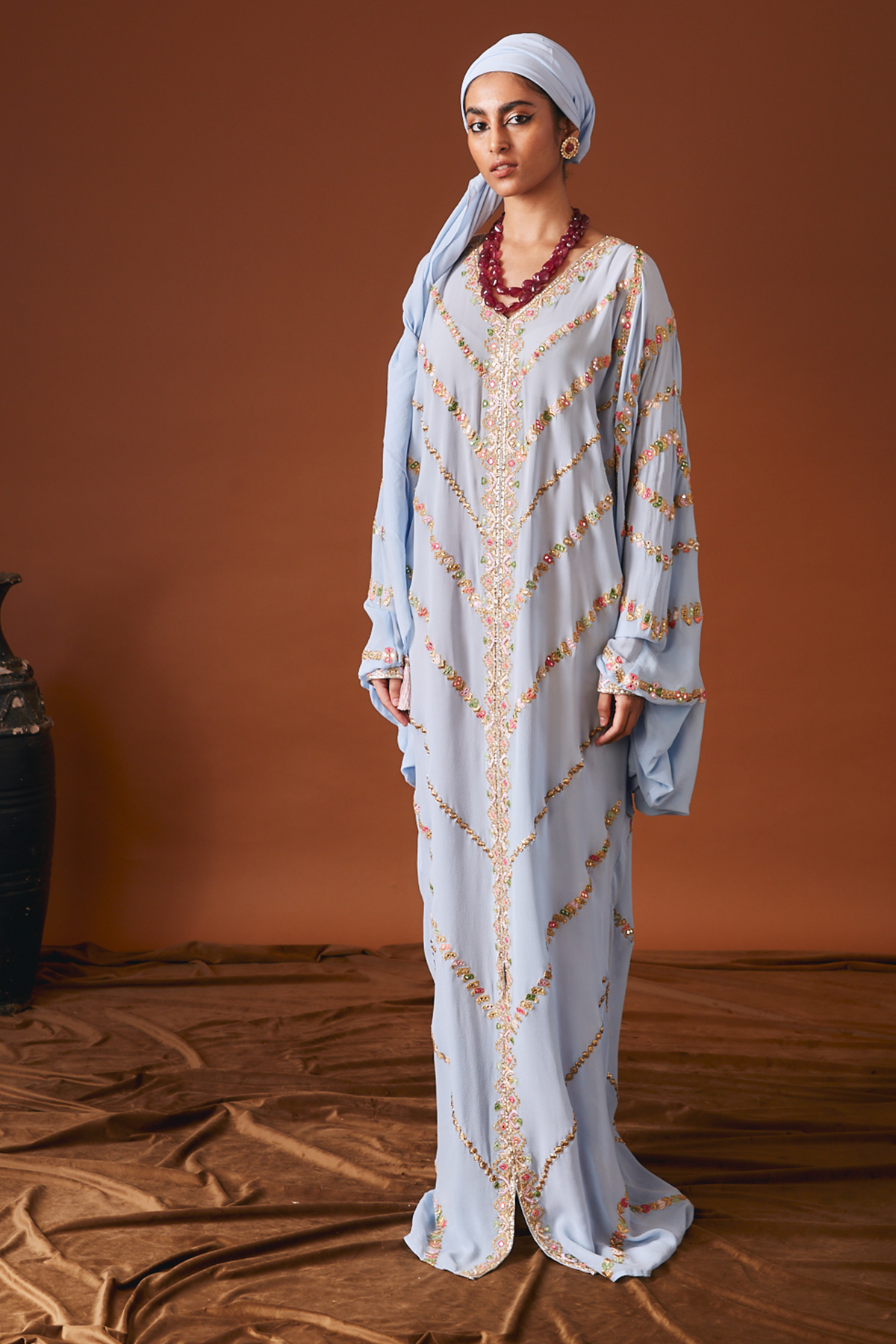 English Blue Cowl Georgette Kaftan With Mirror And Resham