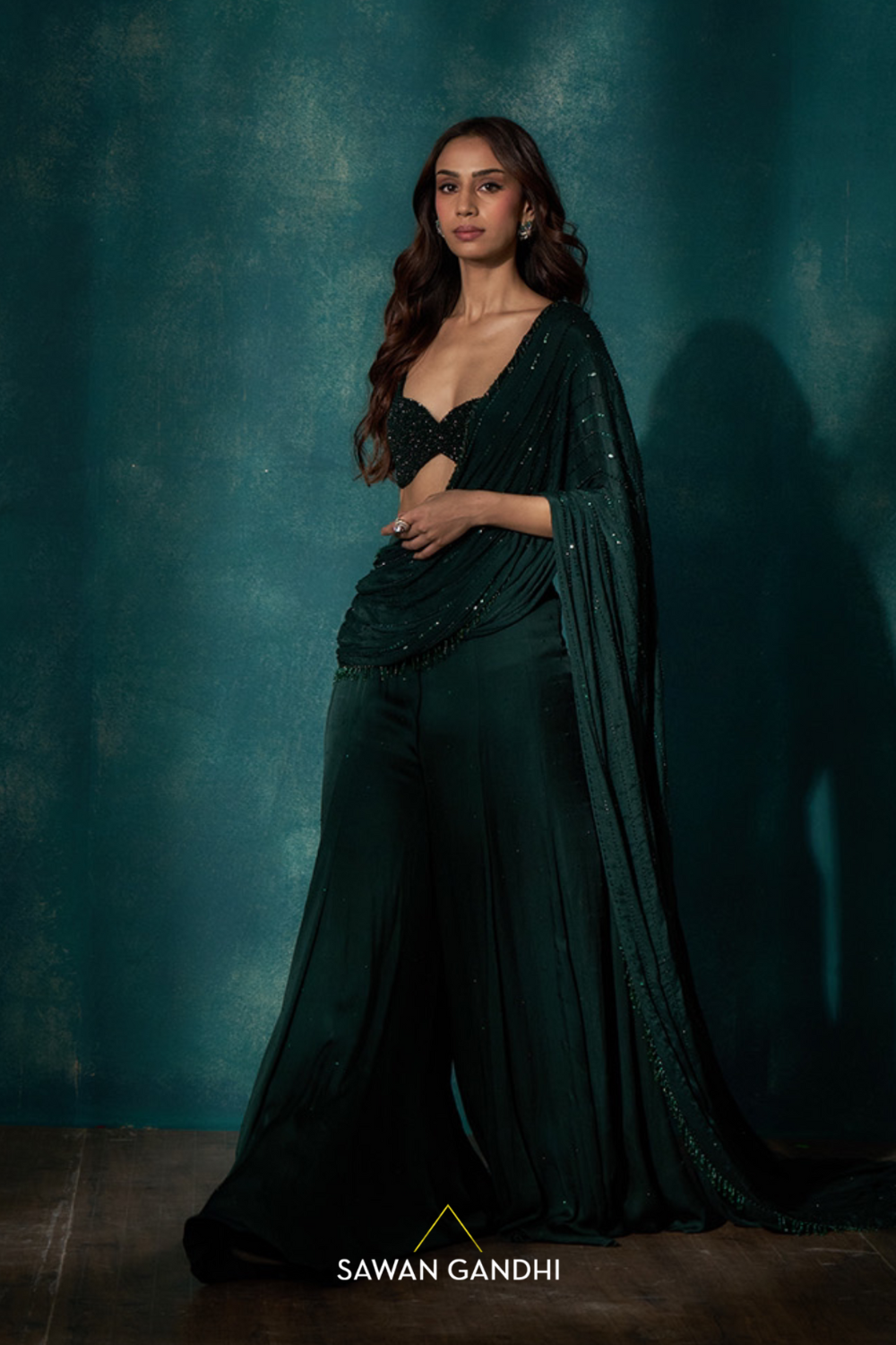 Bottle green sharara drape set