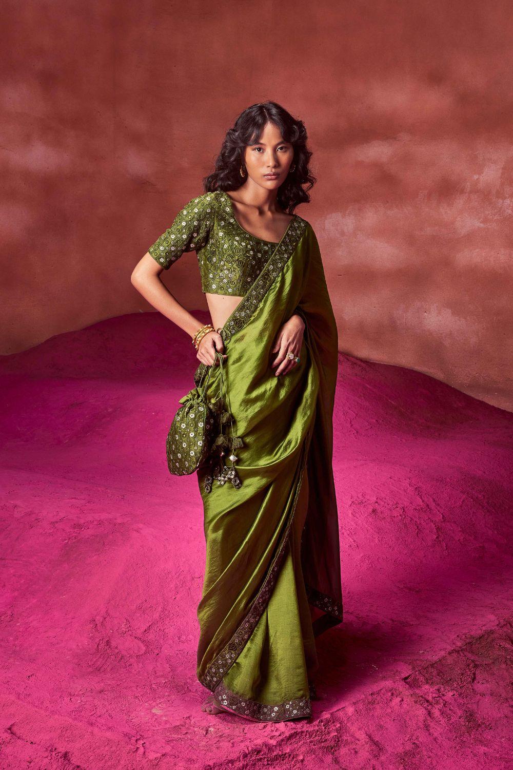 Olive Green Resham Embroidered Saree & Blouse