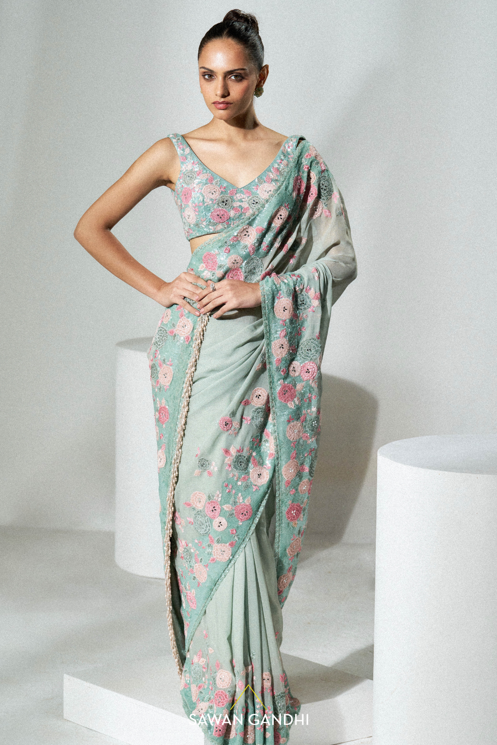 Sage green applique work saree