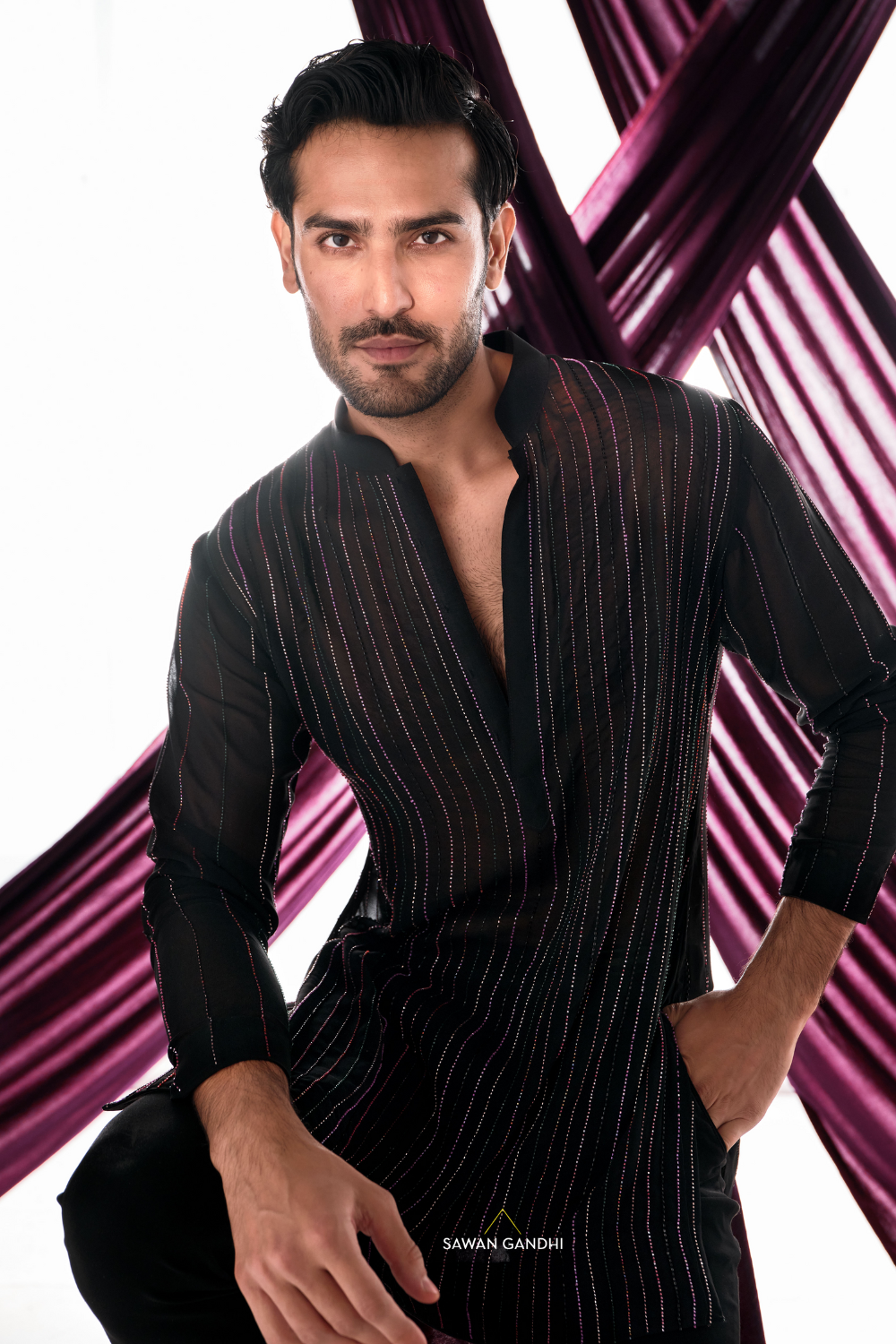 Black multicolour cutdana lines kurta