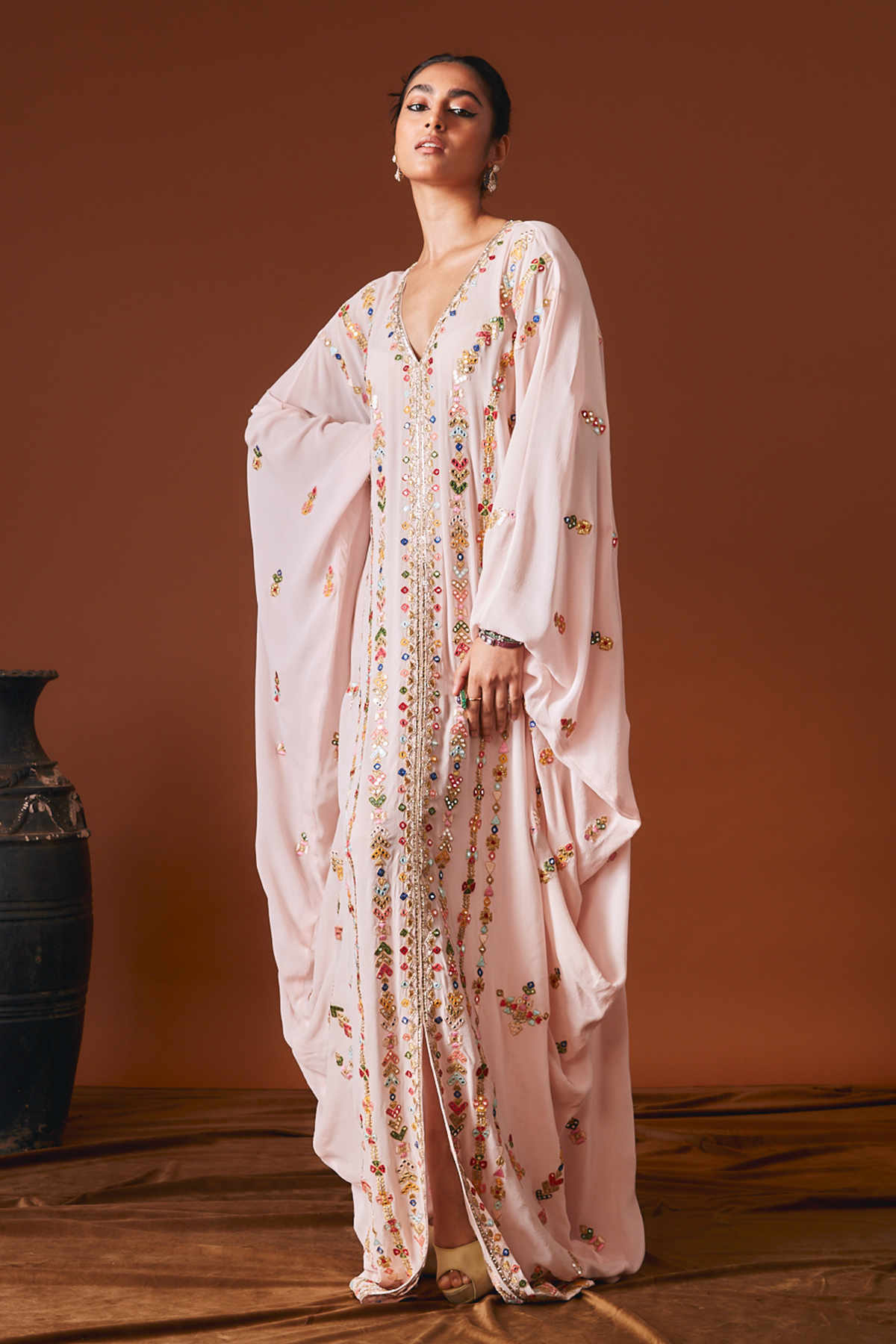 Peach Flowy Embroidered Kaftan