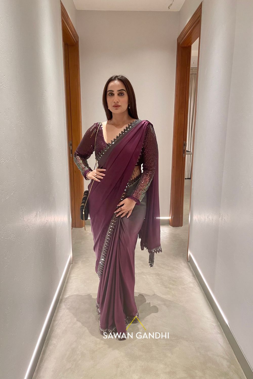 Kusha Kapila in Grey wine ombre saree