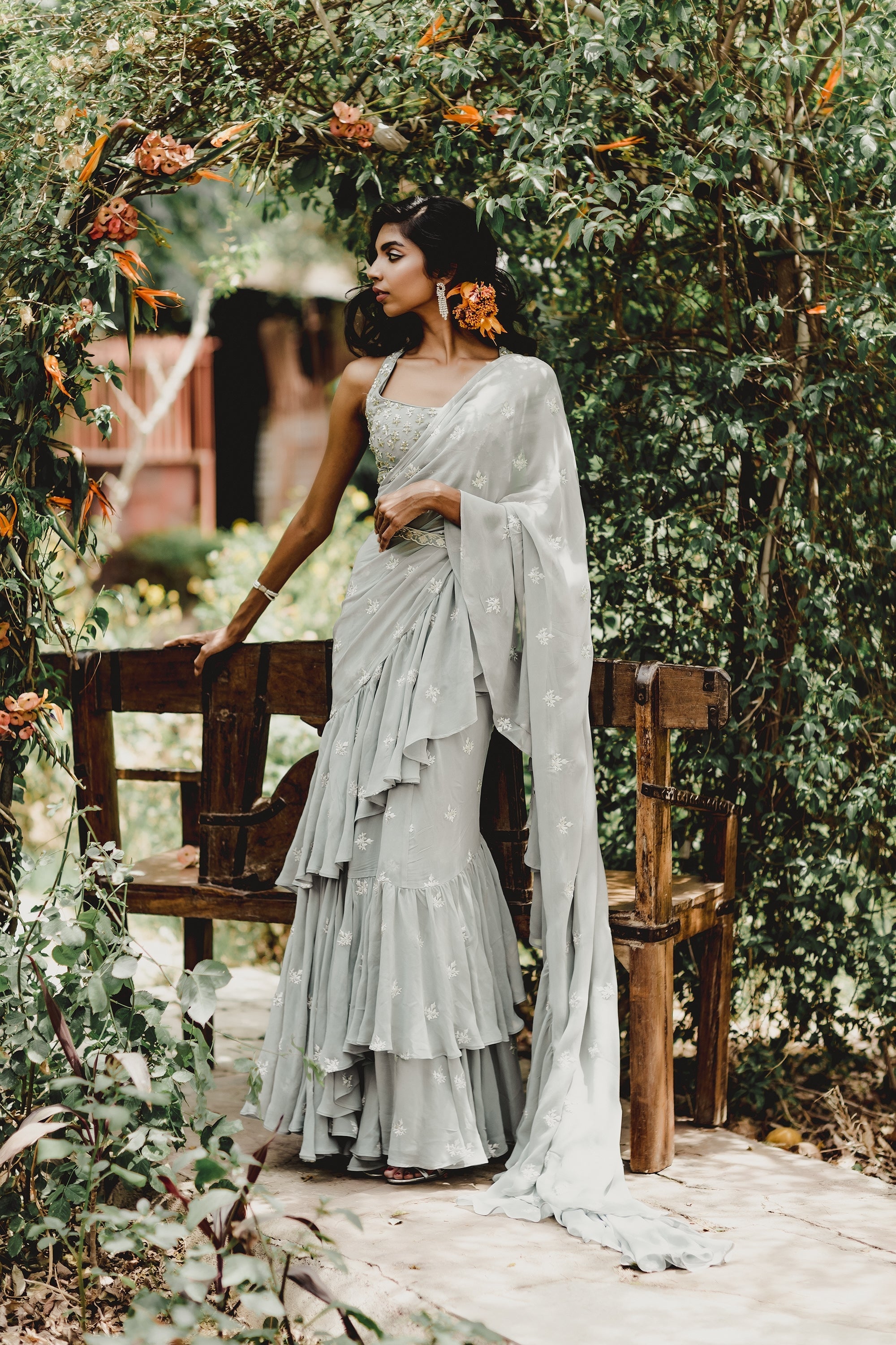 Sky Blue Bootie Ruffle Saree Set