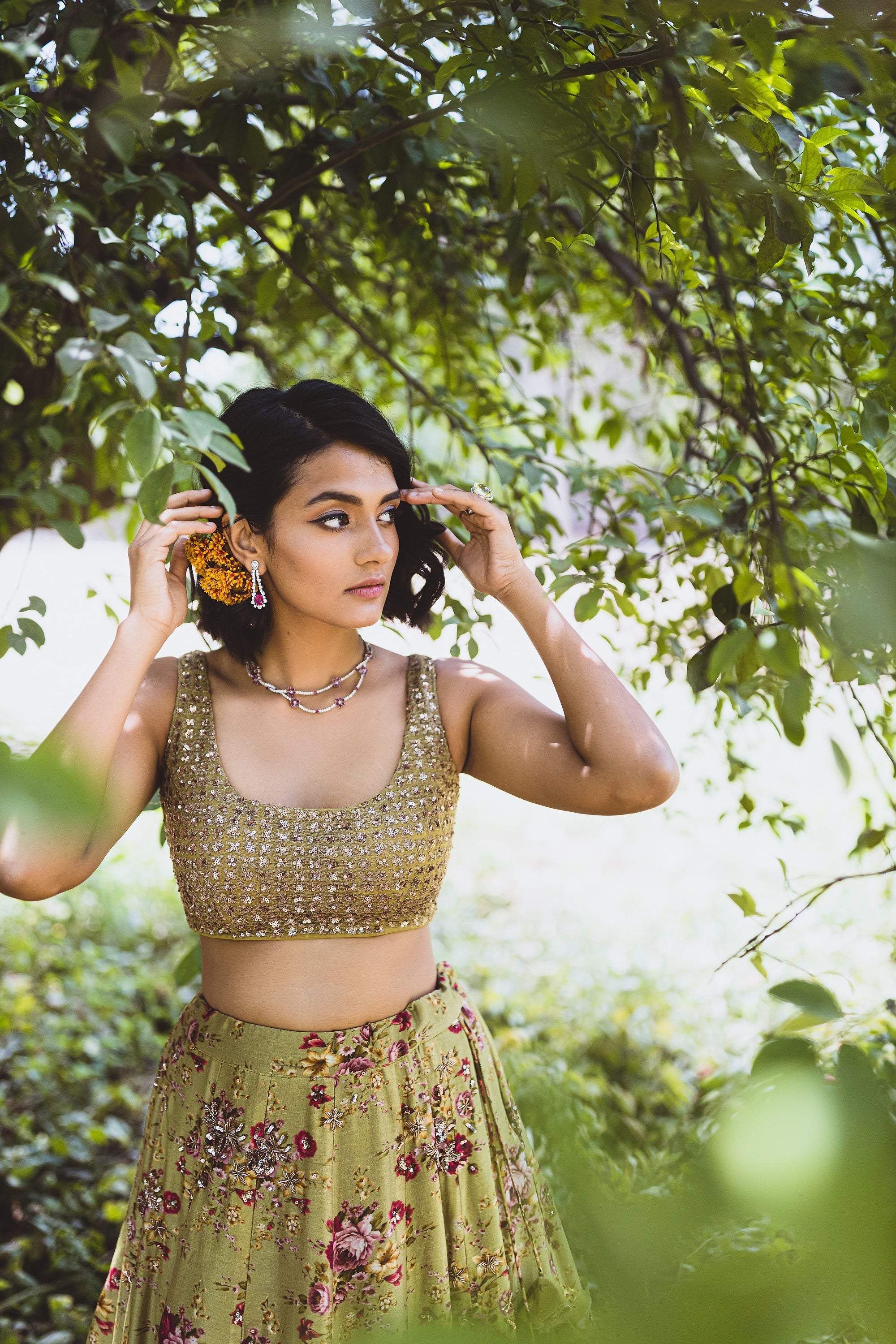 Leaf Green Floral Printed Lehenga Set