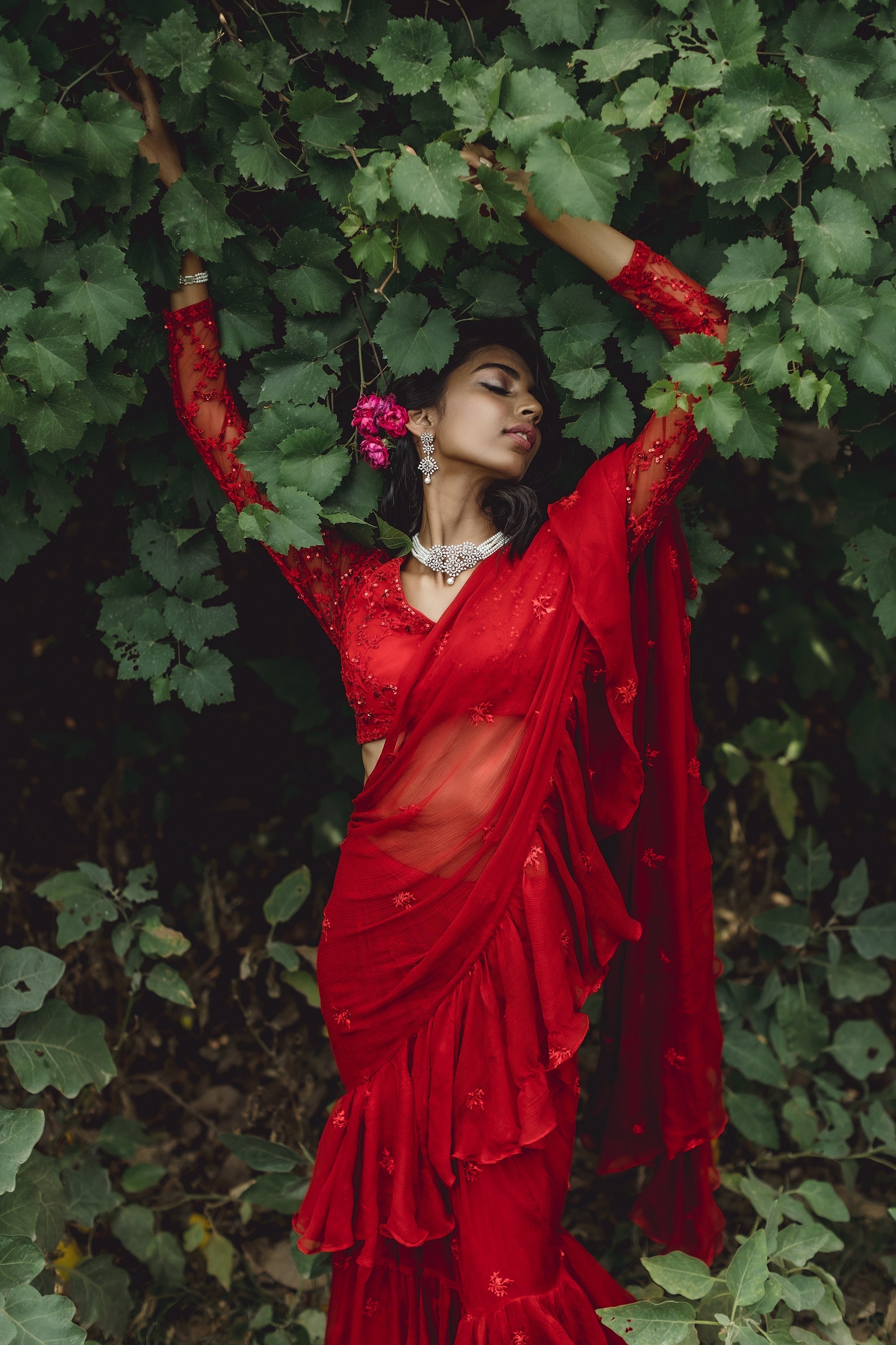 Red Threadwork Ruffle Saree Set