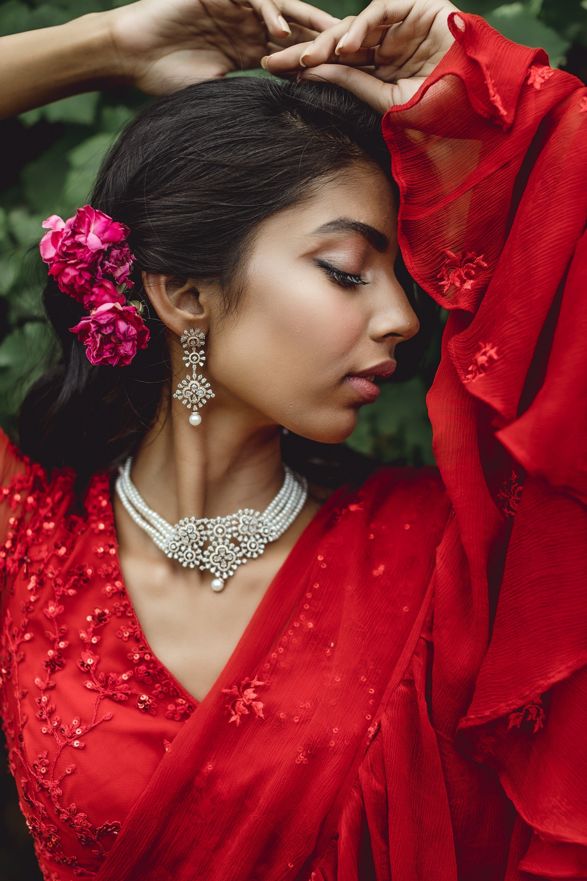 Red Threadwork Ruffle Saree Set
