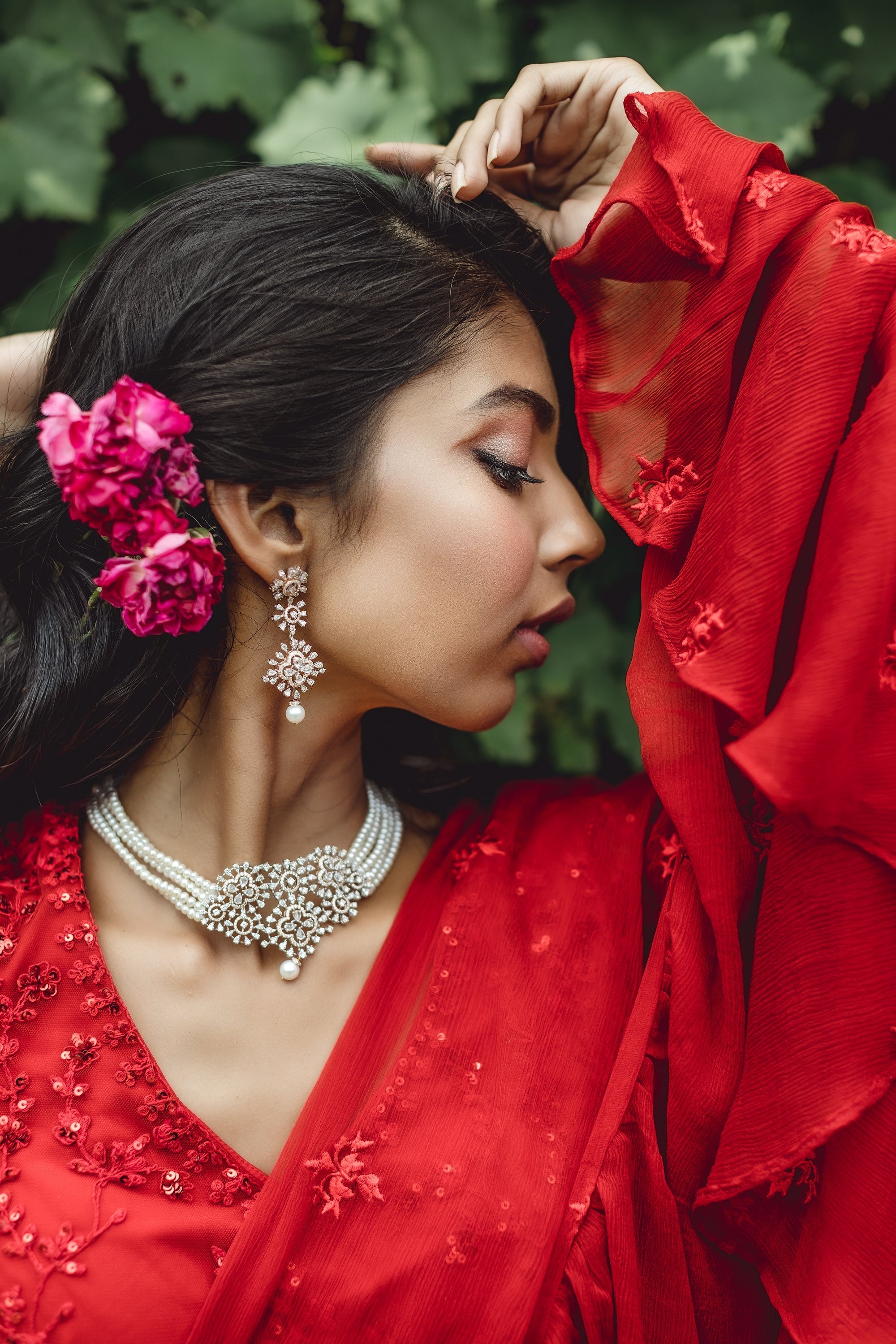 Red Threadwork Ruffle Saree Set