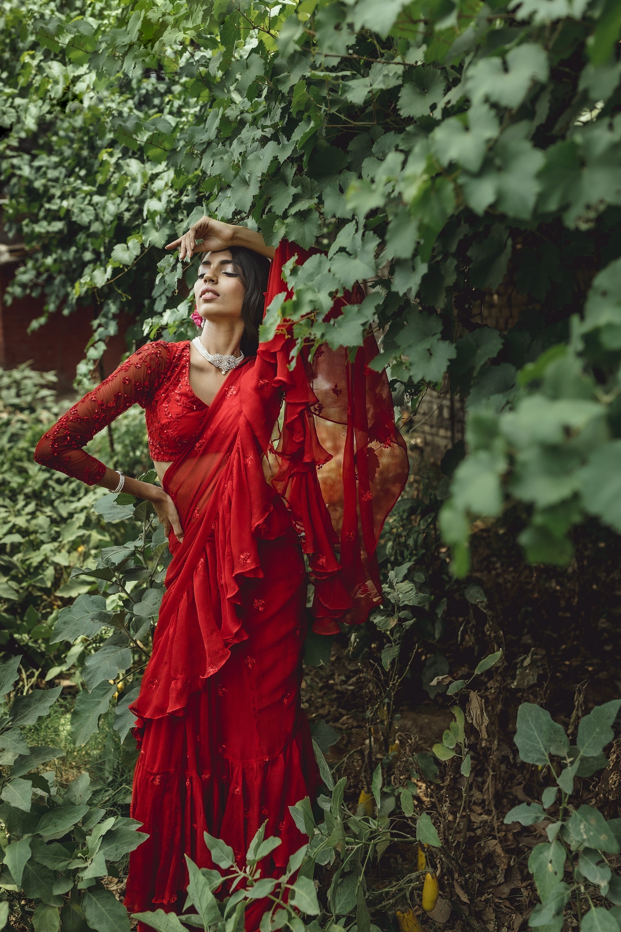 Red Threadwork Ruffle Saree Set
