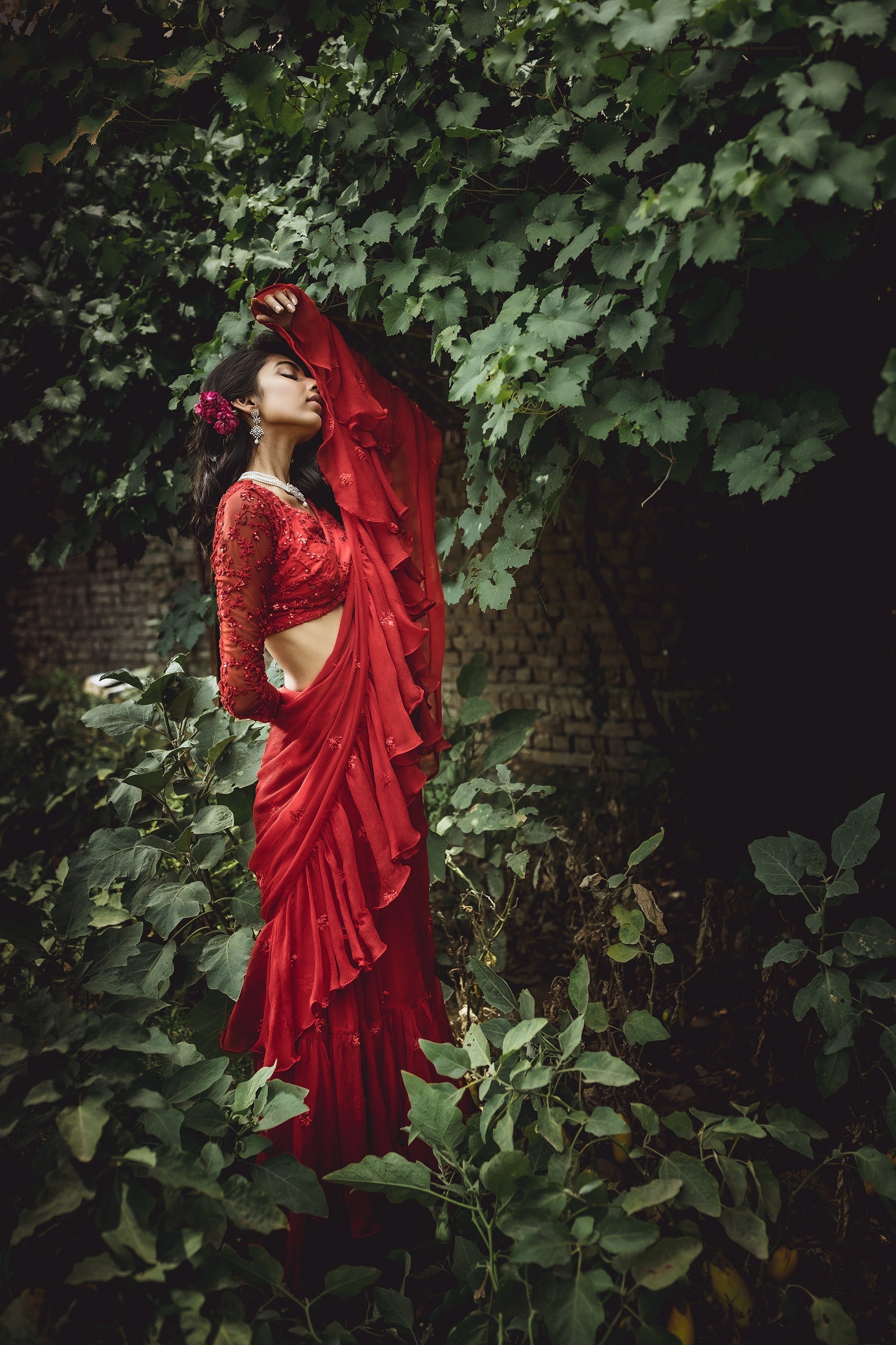 Red Threadwork Ruffle Saree Set