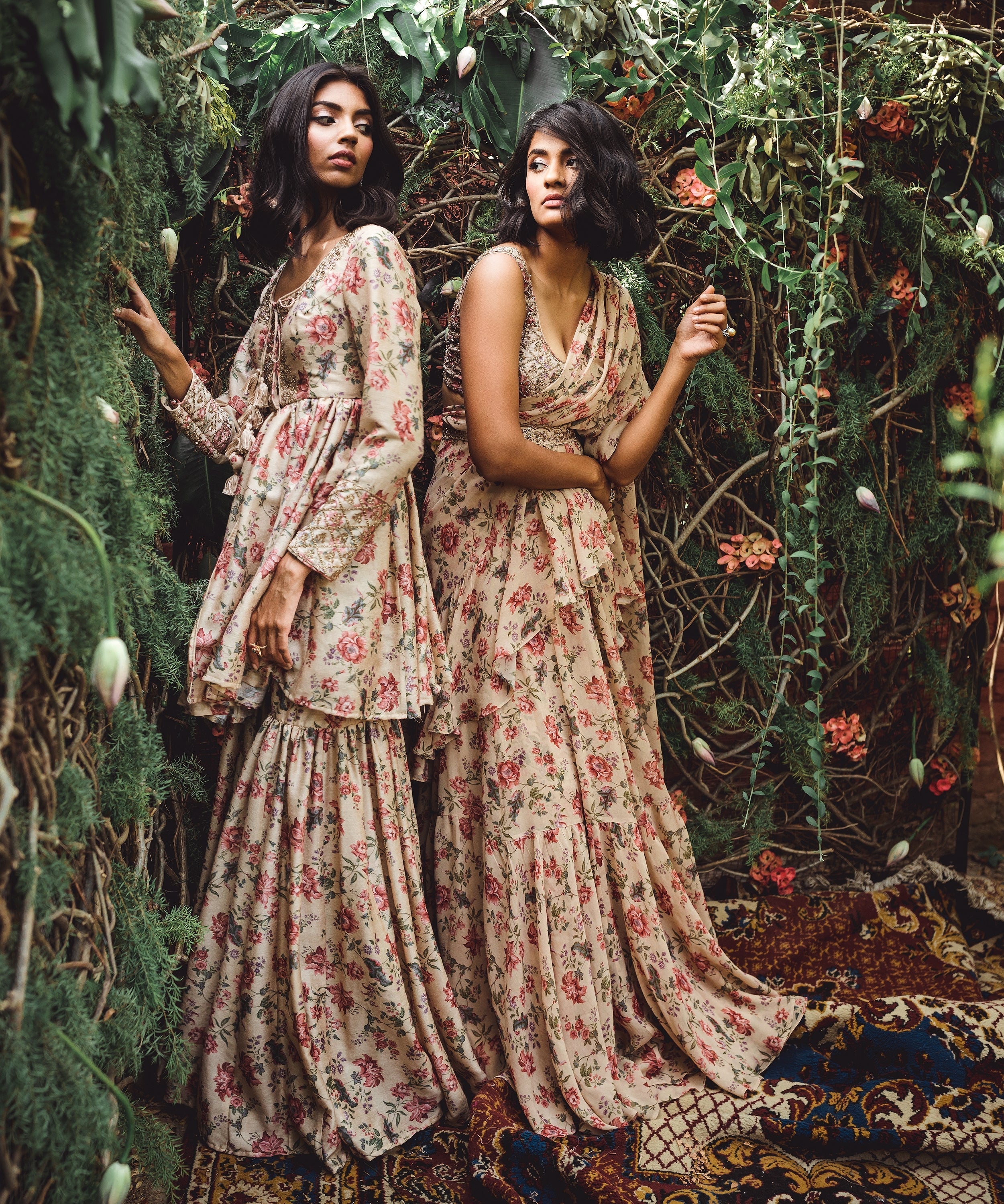 Vintage Printed Ruffle Saree Set