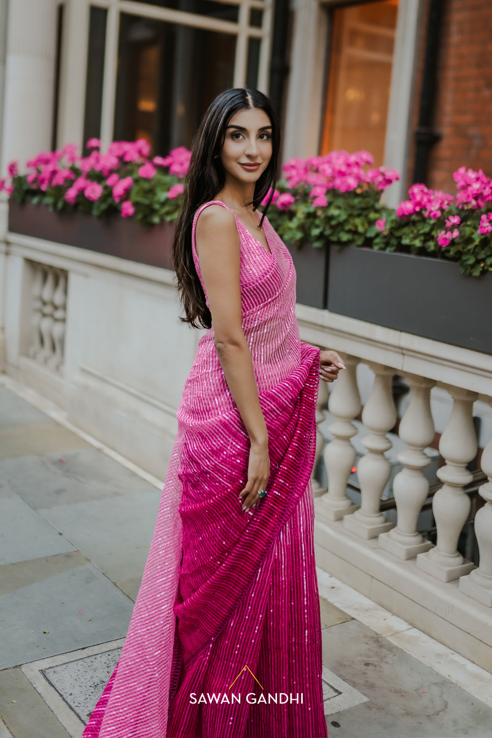 Fuchsia pink ombré organza saree