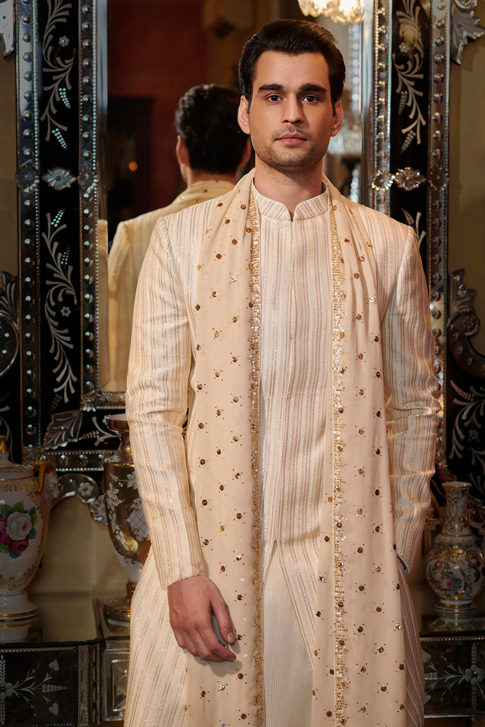 Vertical sequin and thread work sherwani