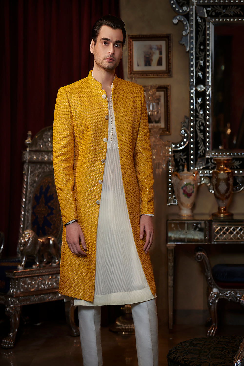 Mustard sequin sherwani