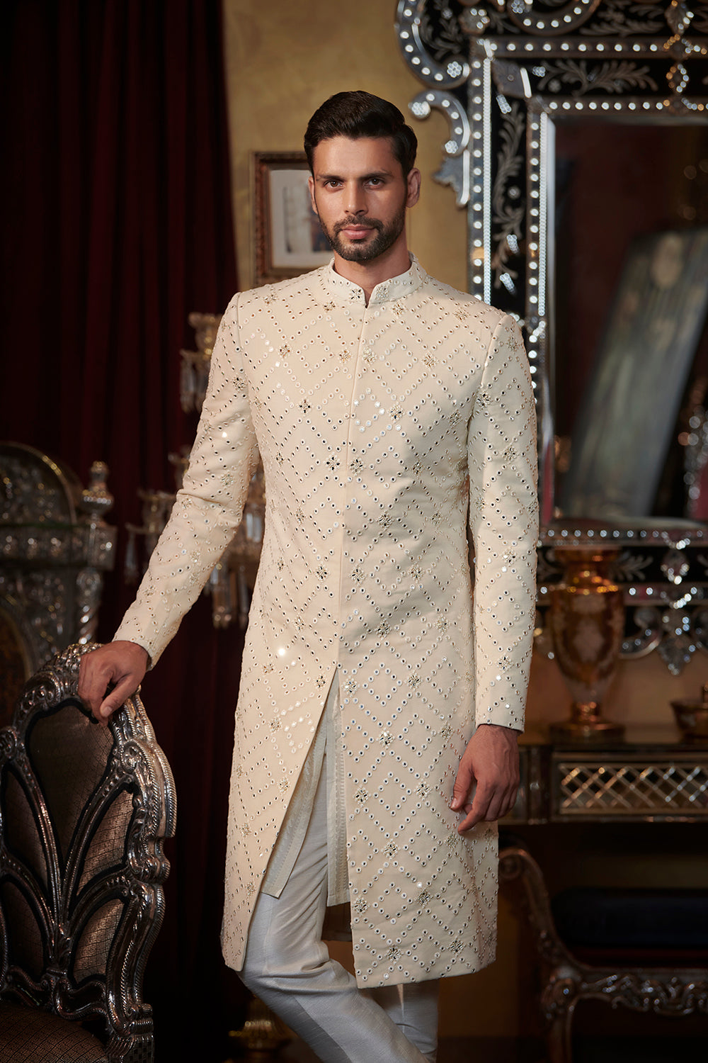 Cream mirror work sherwani