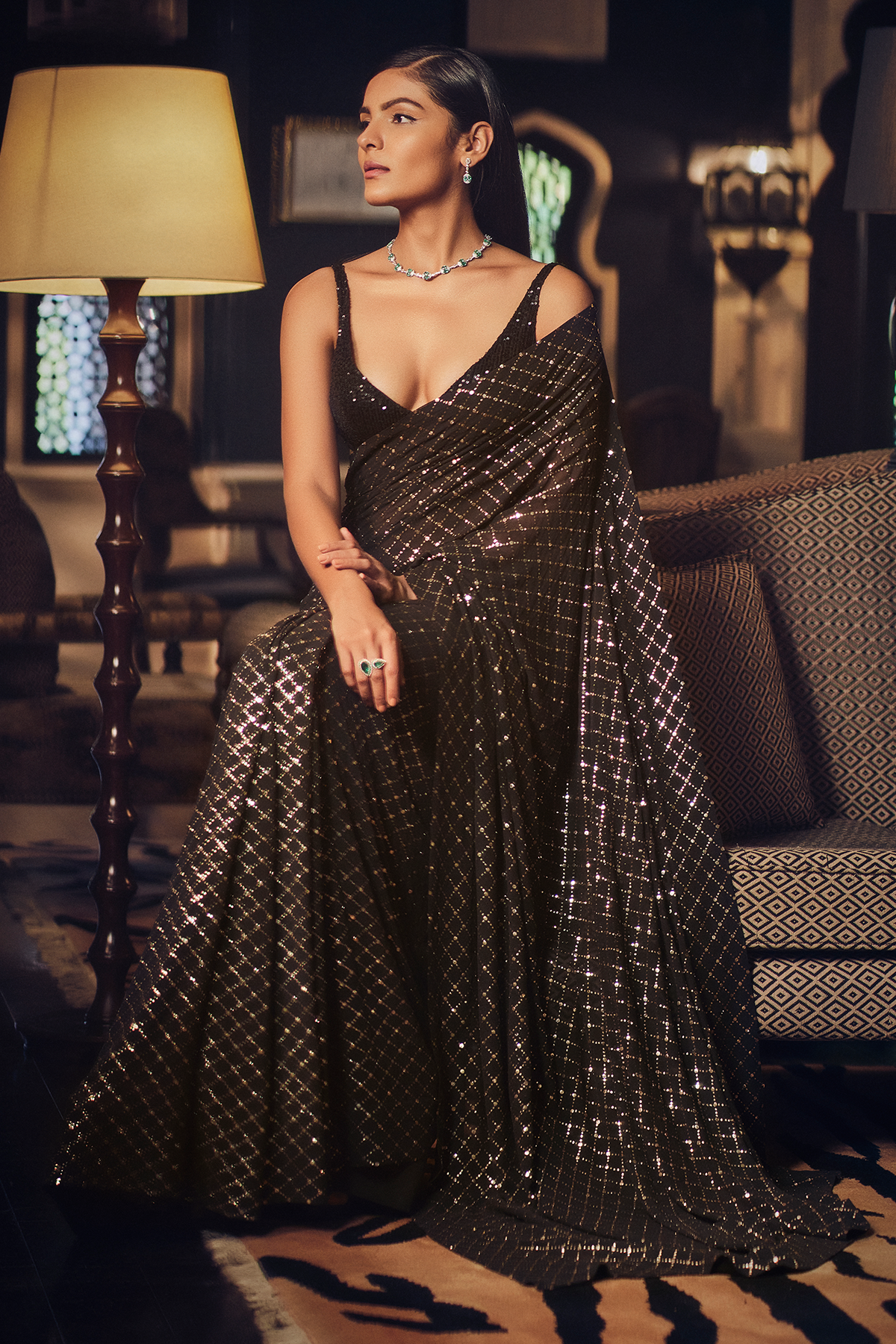 Dark Grey Mukaish Georgette Saree and Blouse