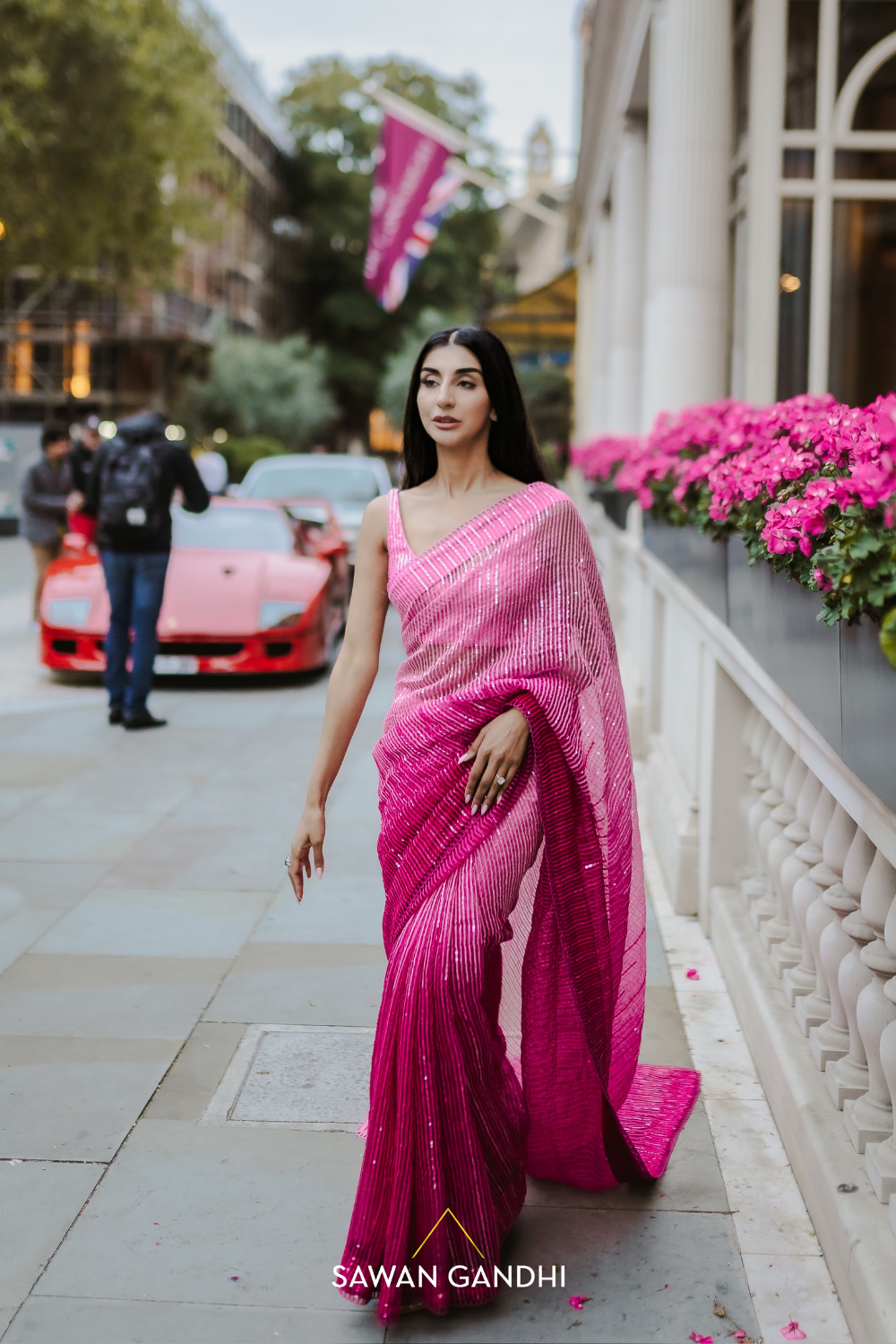 Fuchsia pink ombré organza saree