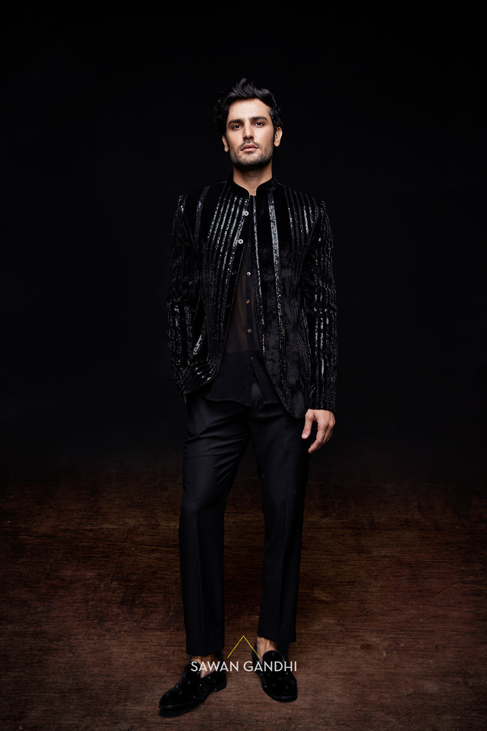 Black bandhgala with vertical sequin lines