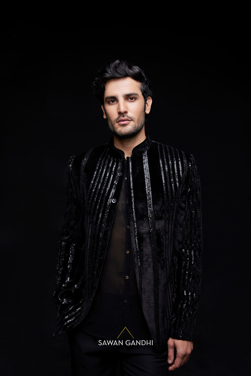 Black bandhgala with vertical sequin lines