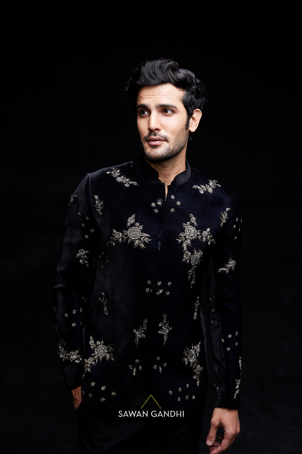 Midnight blue bandhgala with cutdana motifs